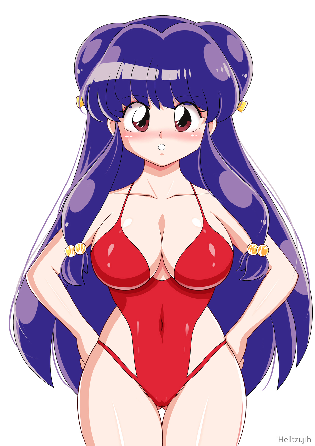 1girls, blue hair, blush, blushing at viewer, breasts, cameltoe, double bun, female, female focus, hands on own hips, helltzujih, large breasts, light skin, light-skinned female, long bangs, long hair, looking at viewer, one-piece swimsuit, pale skin, pale-skinned female, pinup, pussy, ranma 1/2, red eyes, red swimsuit, shampoo (ranma 1/2), solo, solo female, solo focus, swimsuit, white background