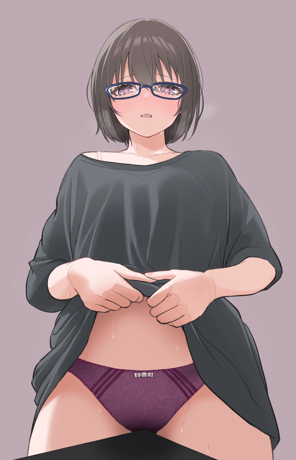 black_shirt blue-framed_eyewear blush bow bow_panties bra bra_peek breasts brown_eyes brown_hair commentary_request crotch_rub female glasses highres large_breasts lifted_by_self looking_at_viewer masturbation no_pants norato nose_blush off_shoulder open_mouth original panties purple_panties shirt short_hair simple_background solo standing sweat t-shirt table_humping underwear