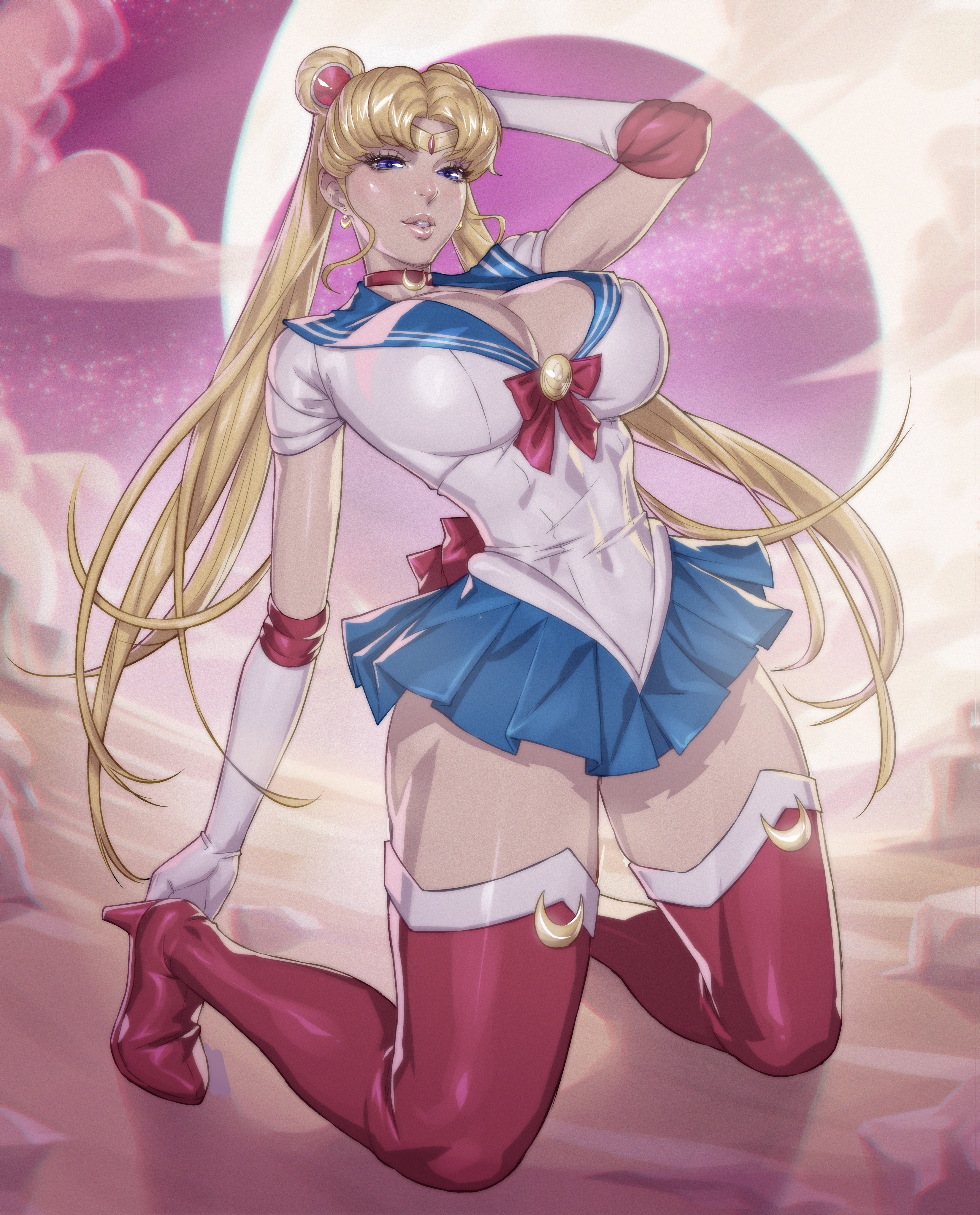 1girls, arttoru, athletic, athletic female, big breasts, bishoujo senshi sailor moon, boots, breasts, cleavage, clothing, female, female only, female protagonist, high heel boots, human, large breasts, sailor moon, skirt, solo, thighs, usagi tsukino