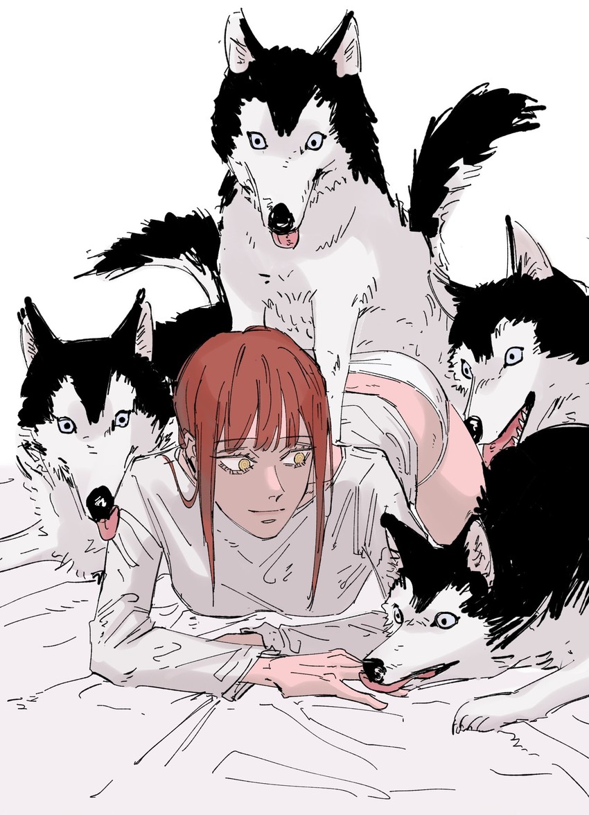 4animals 4boys ambiguous_penetration canine chainsaw_man clothed_sex doggy_style feral_on_female feral_penetrating imminent_gangbang licking makima_(chainsaw_man) makima_dogs red_hair yellow_eyes zoophilia