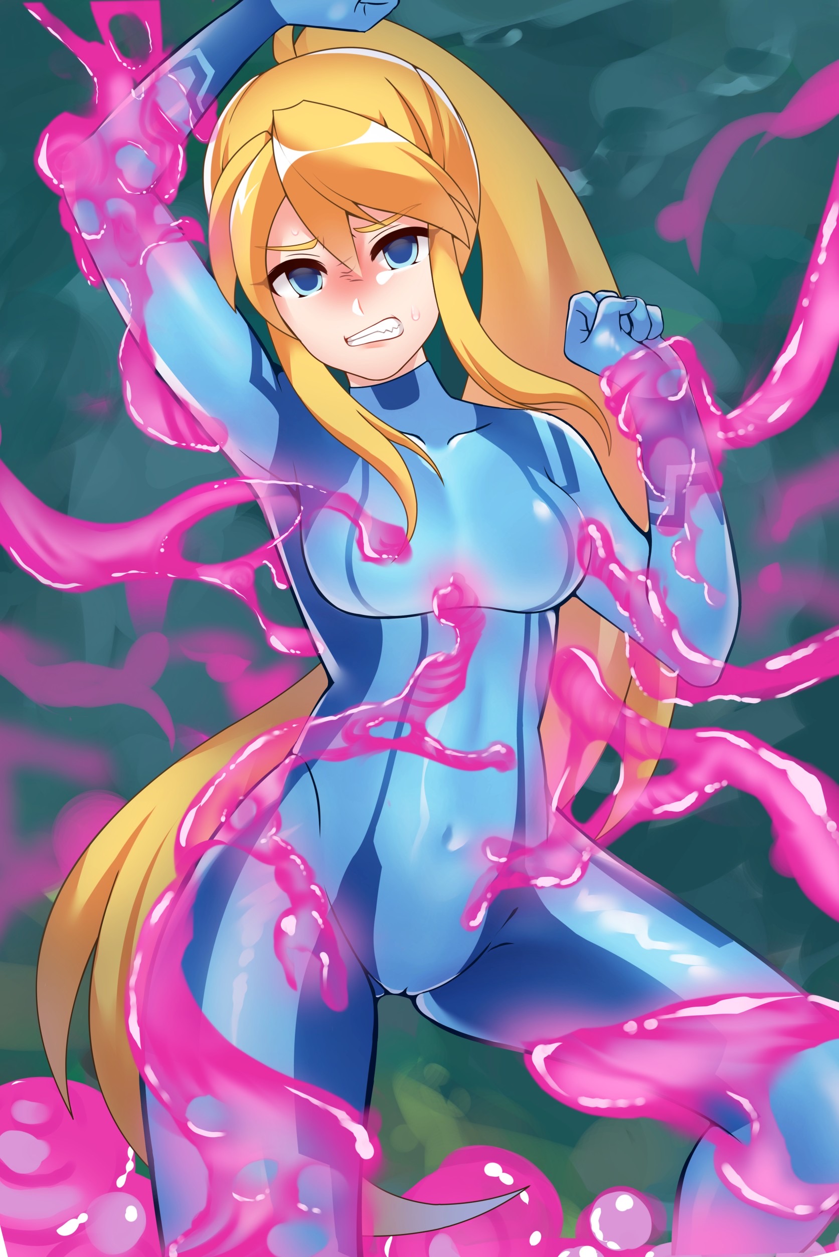arms up, blonde hair, blue eyes, blush, bodysuit, bondage, breasts, cameltoe, female, looking at viewer, metroid, nintendo, ponytail, pussy, restrained, samus aran, skin tight, slime, slime monster, sweat, tentacle, zero suit, zero suit samus