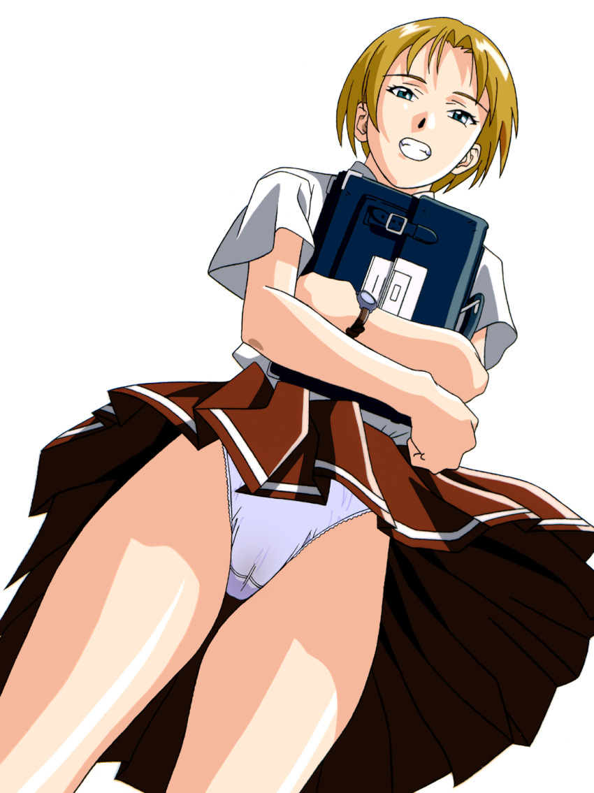 1990s_(style) 1girls blonde_hair blue_eyes cameltoe dress_shirt female_only grin highres looking_at_viewer nakamura_masumi object_hug official_art panties parted_hair pleated_skirt school_briefcase school_uniform shirt shirt_tucked_in short_hair simple_background skirt skirt_lift smile solo solo_female straight_hair underwear upskirt watch white_panties white_shirt wind wind_lift wristwatch yamada_masaki zenkoku_seifuku_bishoujo_grand_prix