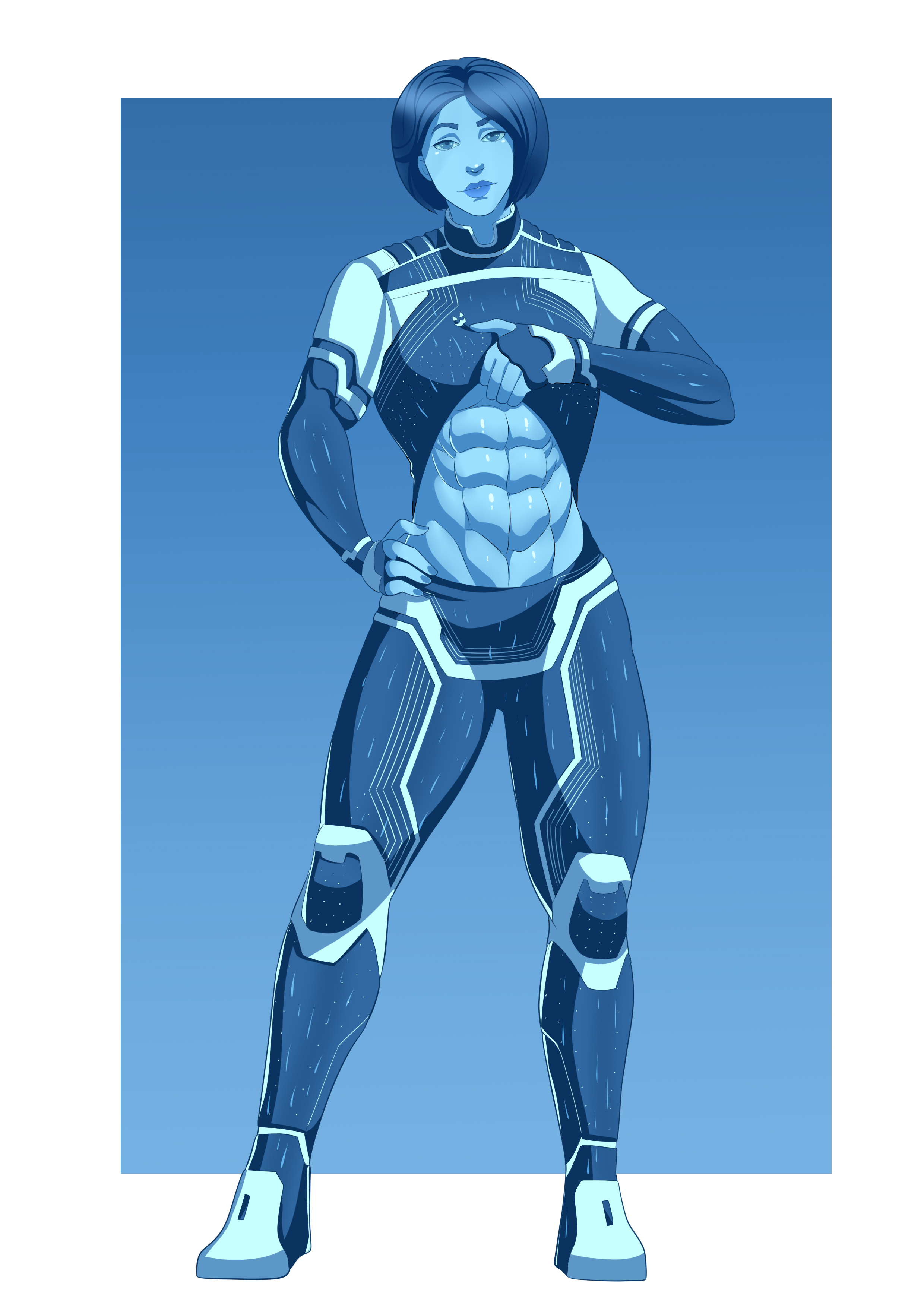 2d, 343 industries, abs, artificial intelligence, blue eyes, blue hair, blue skin, female, halo (series), halo infinite, joyeuse, looking at viewer, muscles, muscular, muscular female, showing off, solo, the weapon (halo infinite), toned, usiles, xbox game studios