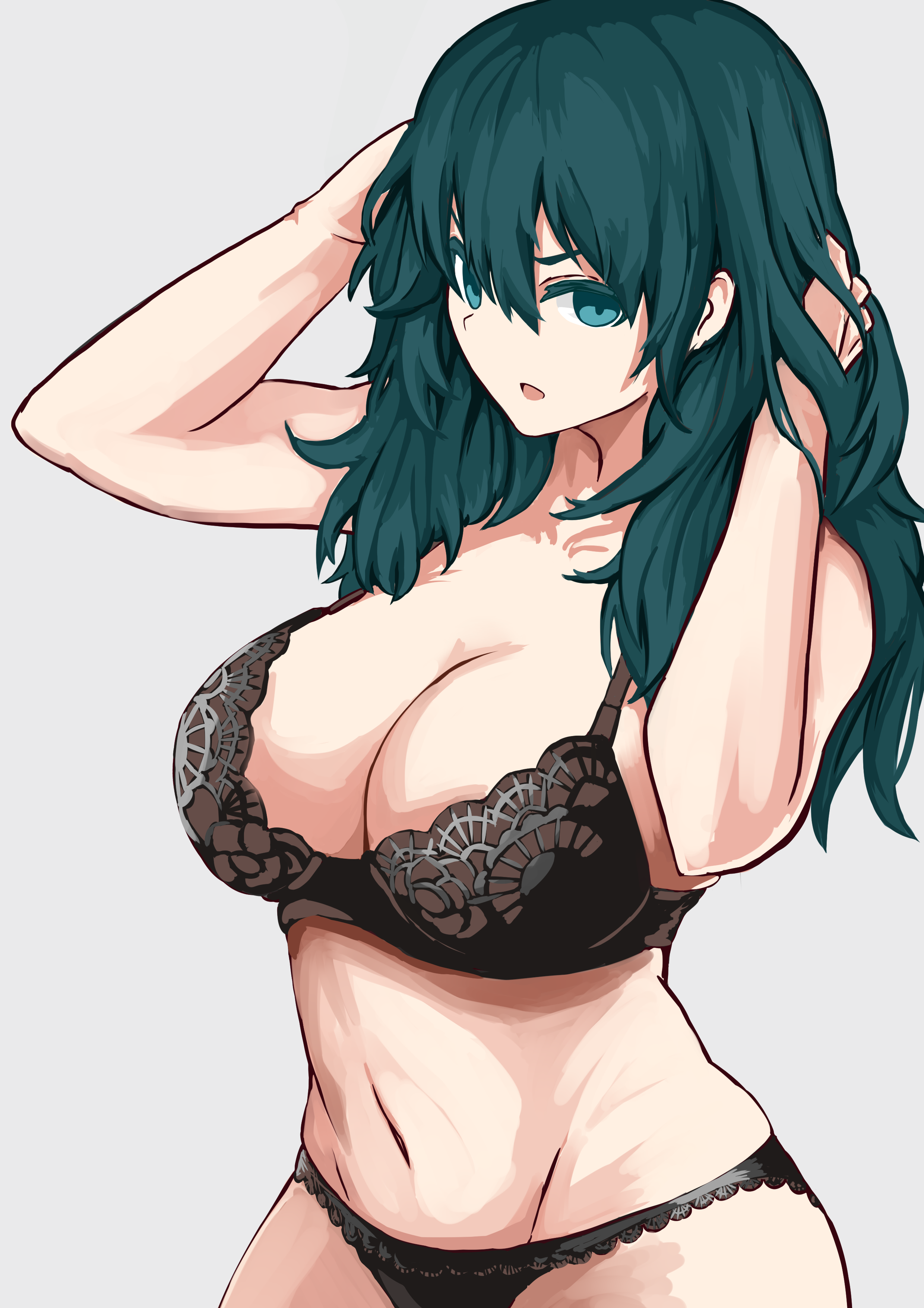 1girls, black panties, blue eyes, bra, breasts, byleth (fire emblem), byleth (fire emblem) (female), cleavage, female, female only, fire emblem, fire emblem: three houses, large breasts, lingerie, long hair, mikanbisya, nintendo, open mouth, panties, solo, tangerine speed, teal hair, thighs, underwear