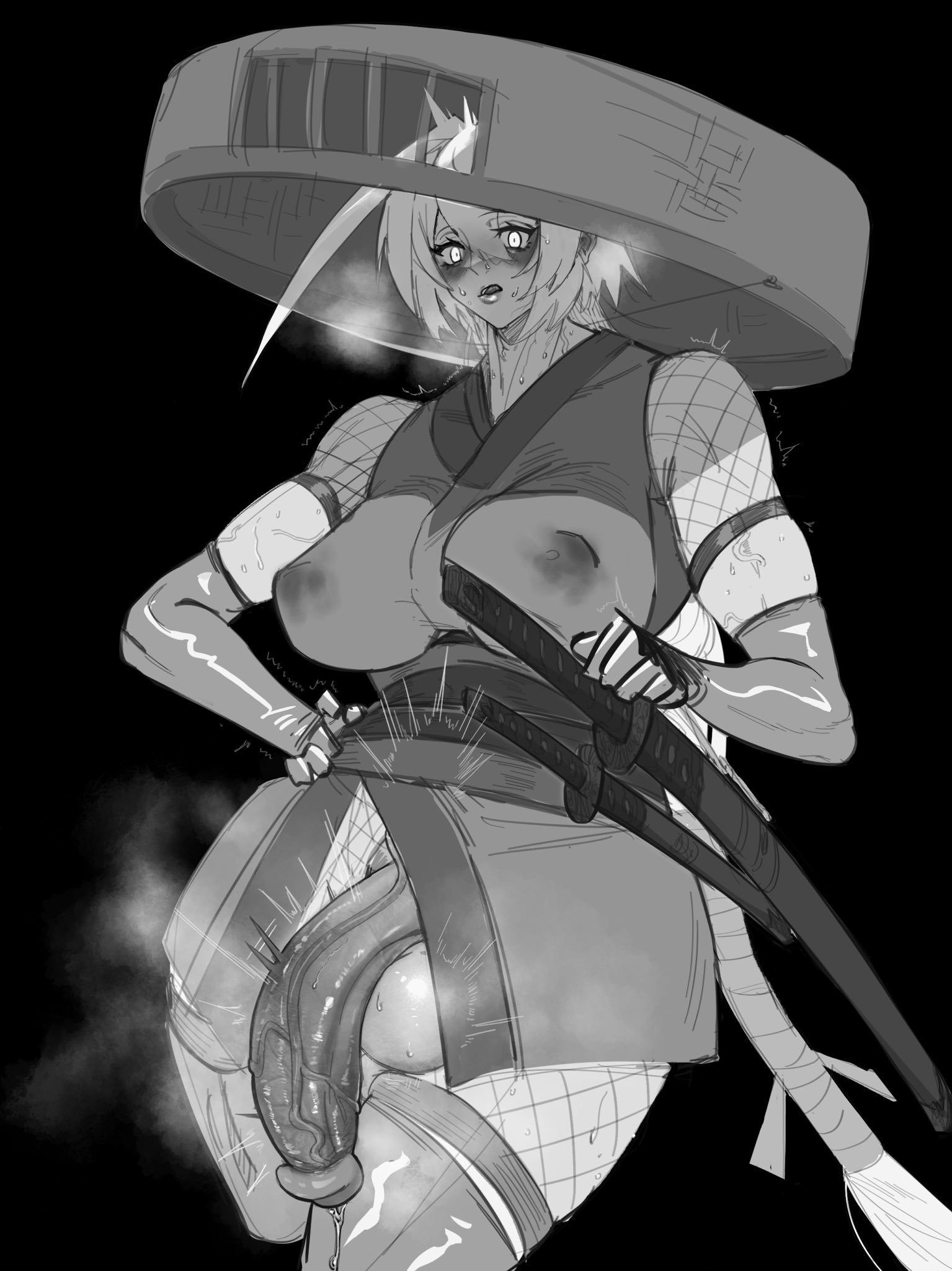 1futa, balls, big balls, big breasts, big penis, blush, breasts, clothed, clothing, flaccid, futa only, futanari, gloves, hat, heavy breathing, huge cock, human, intersex, katana, kimono, large balls, large breasts, large penis, licking lips, monochrome, mostly clothed, musk, penis, precum, samurai outfit, solo, standing, straw hat, sweat, thighhighs, veiny penis, victim alice