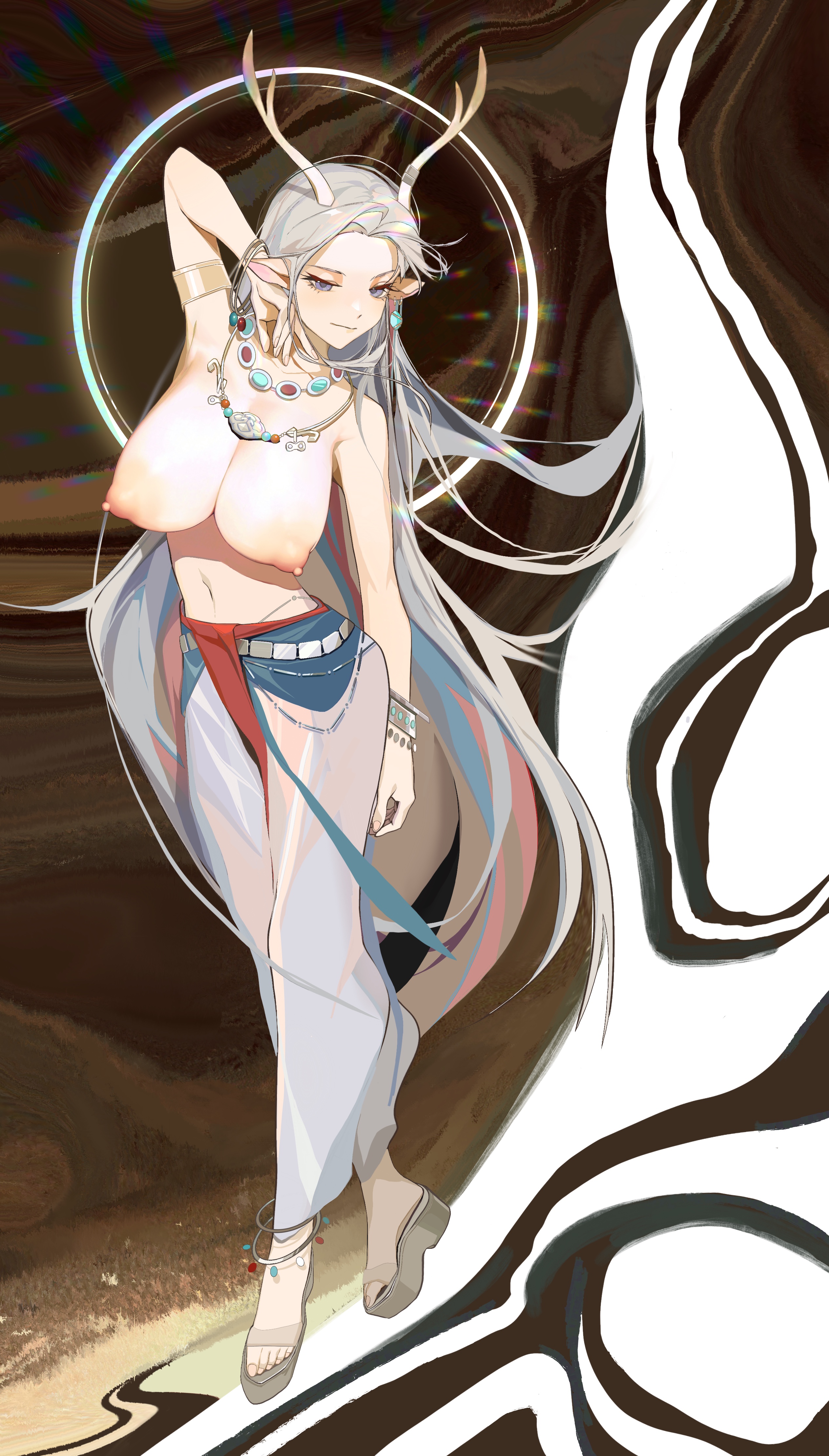 1girls, alternate breast size, animal ears, areolae, arknights, big breasts, blue eyes, bracelet, breasts, ear piercing, exposed breasts, female, female only, half-closed eyes, halo, highres, horns, ken (artist), large areolae, large breasts, long hair, navel, necklace, nine-colored deer (arknights), nipples, no bra, puffy nipples, sandals, skirt, solo, standing, white hair