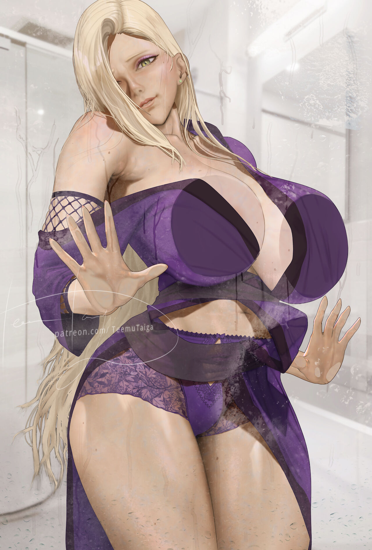 1girls, against glass, alternate breast size, alternate eye color, armpits, bare legs, big breasts, boruto: naruto next generations, breast press, breasts, clothed, female, fishnets, green eyes, hair over one eye, highres, huge breasts, ino yamanaka, light skin, light-skinned female, lipstick, long hair, makeup, naruto, naruto (series), off shoulder, paipan, pale skin, pale-skinned female, parted lips, pink lips, smile, solo, solo female, teemu taiga, very long hair, wide hips