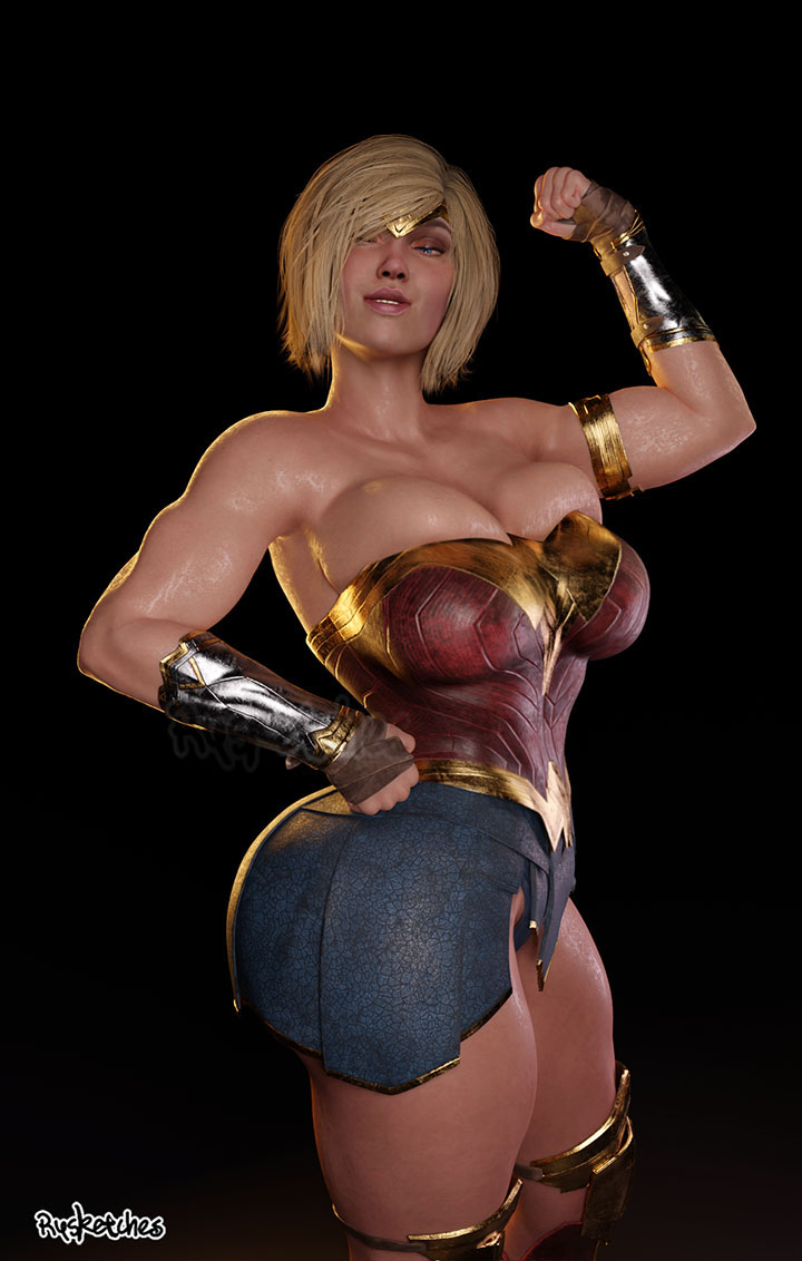 1girls, 3d, about to burst, ass, barely contained, big ass, big breasts, big butt, blender, blender (software), blonde hair, blue eyes, bob cut, breasts, bubble butt, bursting breasts, busty, cosplay, curvy, dc, dc comics, female, female only, fully clothed, injustice 2, kara zor-l, karen starr, muscular, muscular female, overflowing breasts, pose, posing, pov, power girl, power girl (injustice), rysketches, seductive, seductive look, sensual, skindentation, solo, solo female, superman (series), tight clothing, wonder woman (cosplay), wonder woman (series)