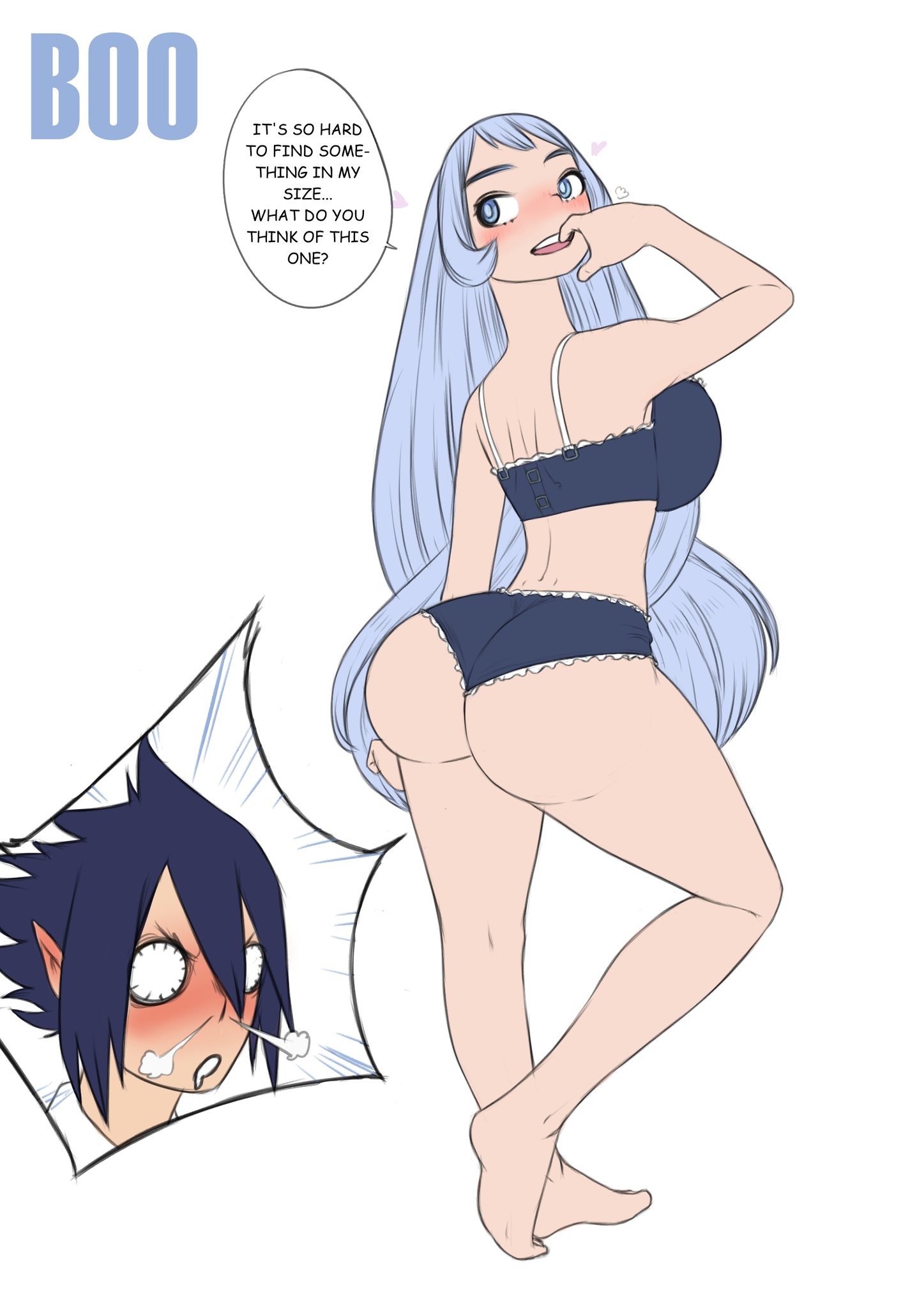 1boy, 1girls, ass, big ass, big butt, biggies00, blue eyes, blue hair, blue-haired female, blue-haired male, blush, breasts, bubble ass, bubble butt, curvy, fat ass, fat butt, female, heart, lingerie, long hair, looking back, my hero academia, nejire hado, sideboob, tamaki amajiki, underwear