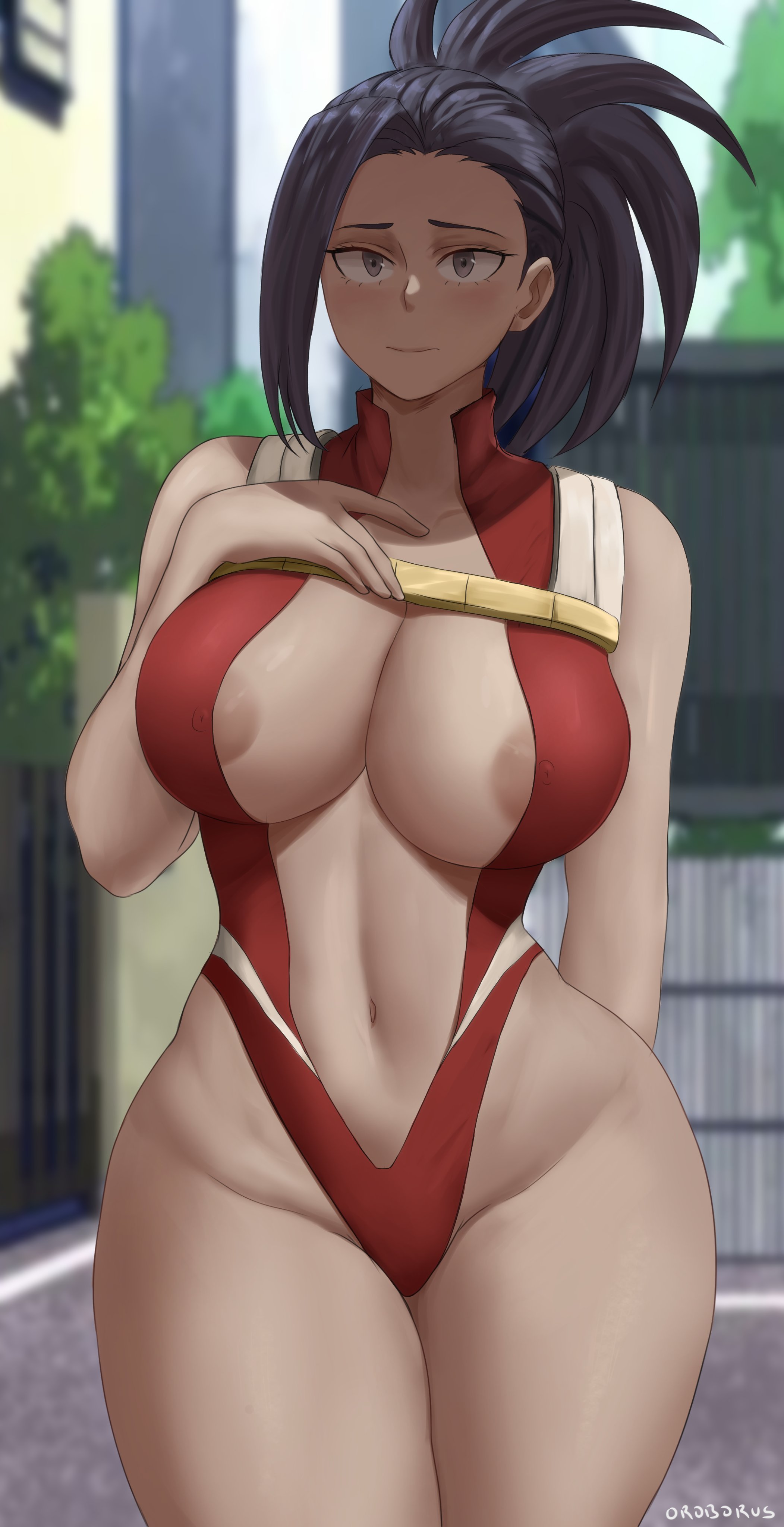 1girls, areola slip, belly button, big breasts, black hair, black-haired female, breasts, curvaceous, curvy, curvy figure, female, female only, hero outfit (mha), hourglass figure, human, human female, large breasts, leotard, light-skinned female, long hair, looking at viewer, momo yaoyorozu, momo yaoyorozu (hero outfit), my hero academia, navel, nipple bulge, nipple slip, nipples, oroborusart, ponytail, savagexthicc, slim waist, solo, solo female, superheroine, thick, thick thighs, thighs, tight clothing, voluptuous, wide hips