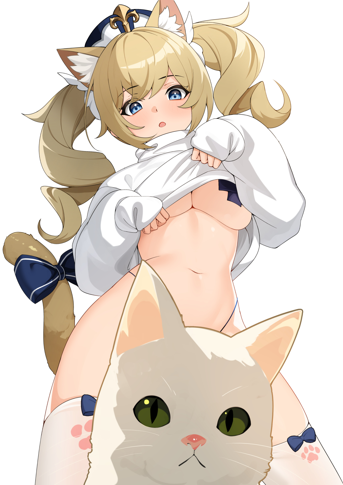 animal ear fluff, animal ears, bangs, barbara (genshin impact), blonde hair, blue bow, blue eyes, bow, breasts, cat ears, cat tail, commentary, cute, ett, eyebrows visible through hair, feline, female, genshin impact, head tilt, highleg, highleg panties, highres, kemonomimi mode, long hair, long sleeves, looking at viewer, medium breasts, navel, nun, panties, parted lips, pasties, simple background, solo, stomach, sweater, tail, tail bow, tail ornament, thighhighs, turtleneck, turtleneck sweater, twintails, underboob, underwear, white background, white sweater