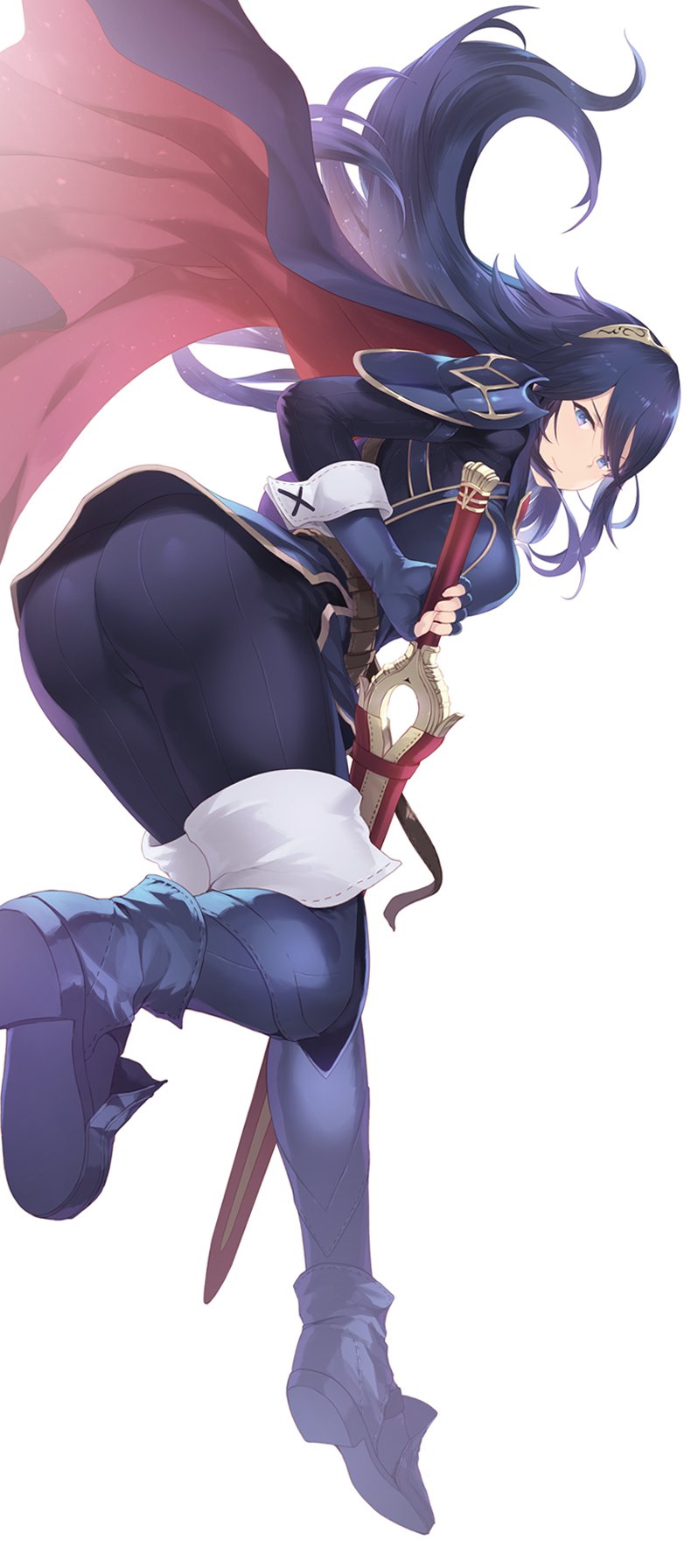 1girls alternate_version_available ass back_view big_ass blue_eyes blue_hair cait cait_aron cape fat_ass female female_focus female_only fire_emblem fire_emblem_awakening fully_clothed hair_ornament light-skinned_female light_skin looking_at_viewer looking_back lucina_(fire_emblem) nintendo solo sword tiara weapon white_background