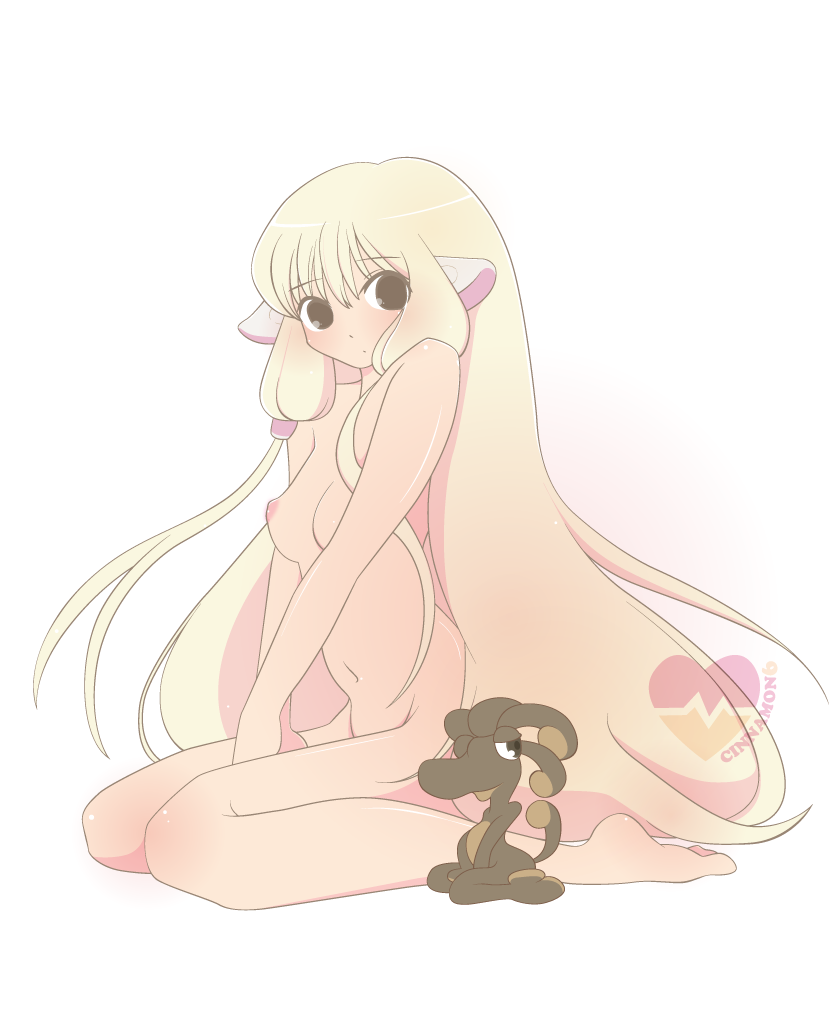 brown_eyes chii chobits cinnamon6 female female_focus kneeling long_hair medium_breasts nude very_long_hair white_background