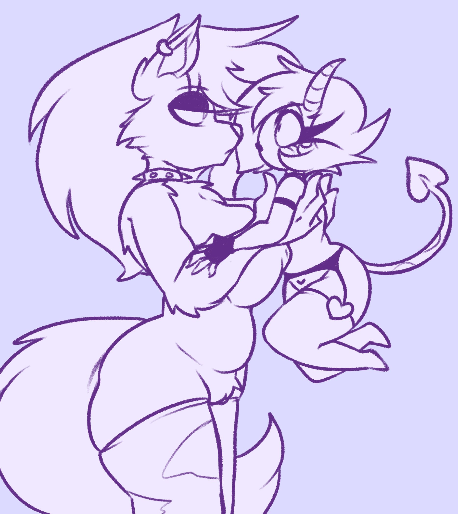 2021, aipeco18, anthro, canid, canine, carrying, clothing, collar, demon, demon humanoid, duo, ear piercing, ear ring, female, female/female, fingerless gloves, garter belt, garter straps, genitals, gloves, half-closed eyes, handwear, helluva boss, hi res, horn, humanoid, humanoid on anthro, imp, larger anthro, larger female, legwear, loona (helluva boss), mammal, millie (helluva boss), mostly nude, narrowed eyes, piercing, pointed tail, pussy, side view, size difference, sketch, smaller female, smaller humanoid, spiked collar, spikes, thigh highs
