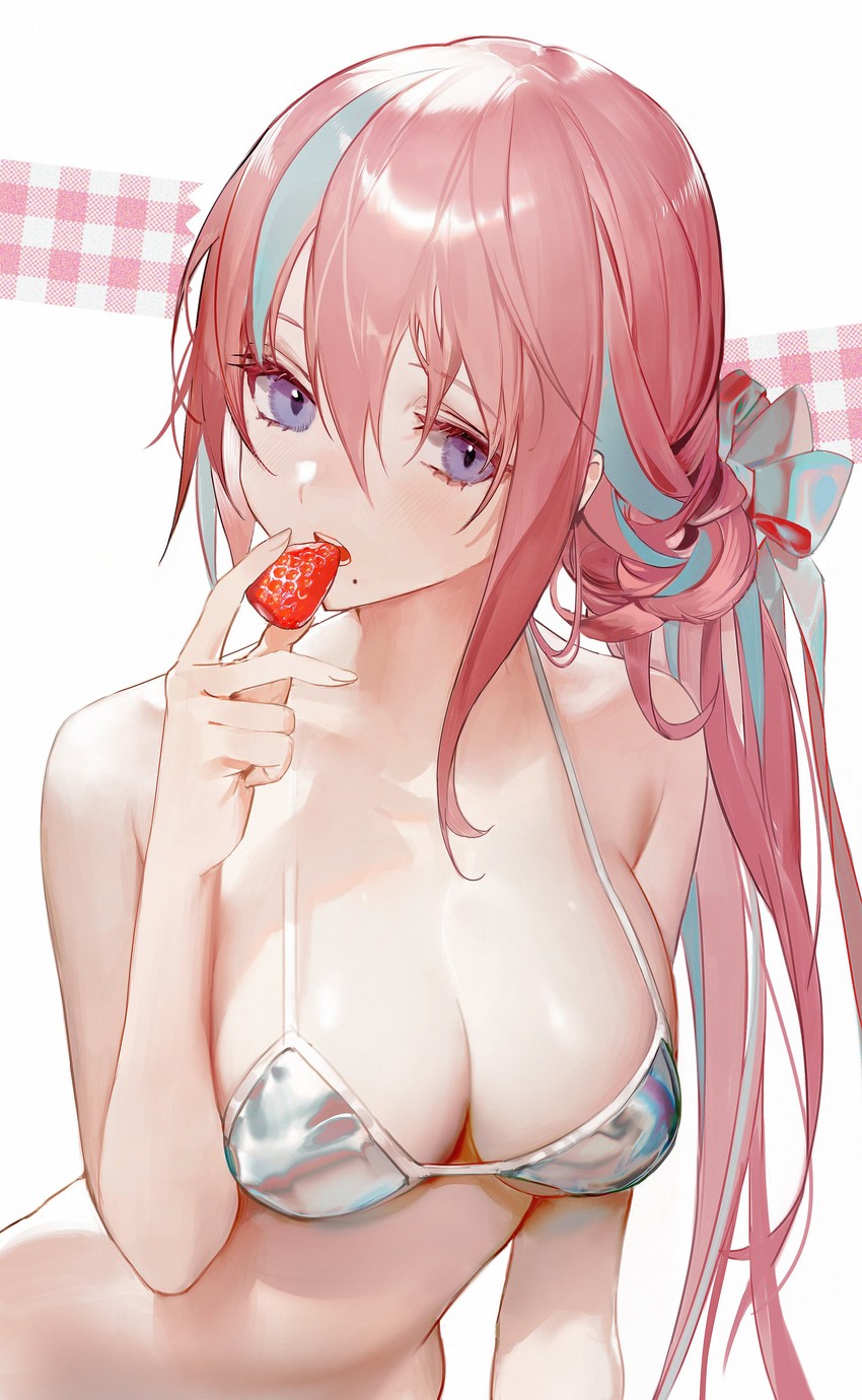 bangs bikini blue_eyes eating female original pink_hair shycocoa solo solo_female strawberry swimsuit