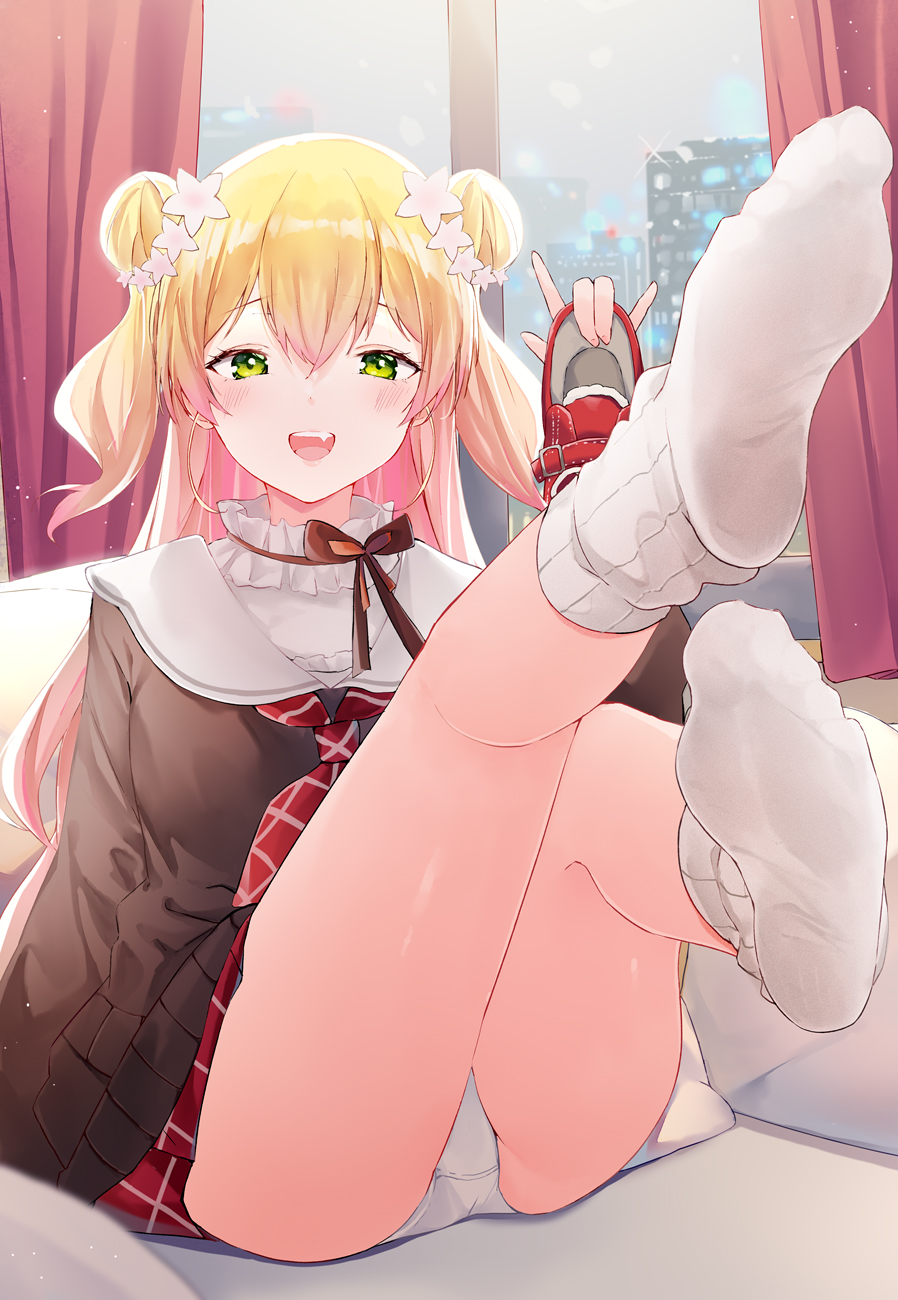 blonde hair, blush, double bun, feet, feet up, female, foot fetish, foot focus, green eyes, holding, holding shoes, hololive, hololive gen 5, hololive japan, long hair, looking at viewer, momosuzu nene, open mouth, panties, pantyshot, shoes, shoes removed, single shoe, socks, soles, twintails, underwear, virtual youtuber, white legwear