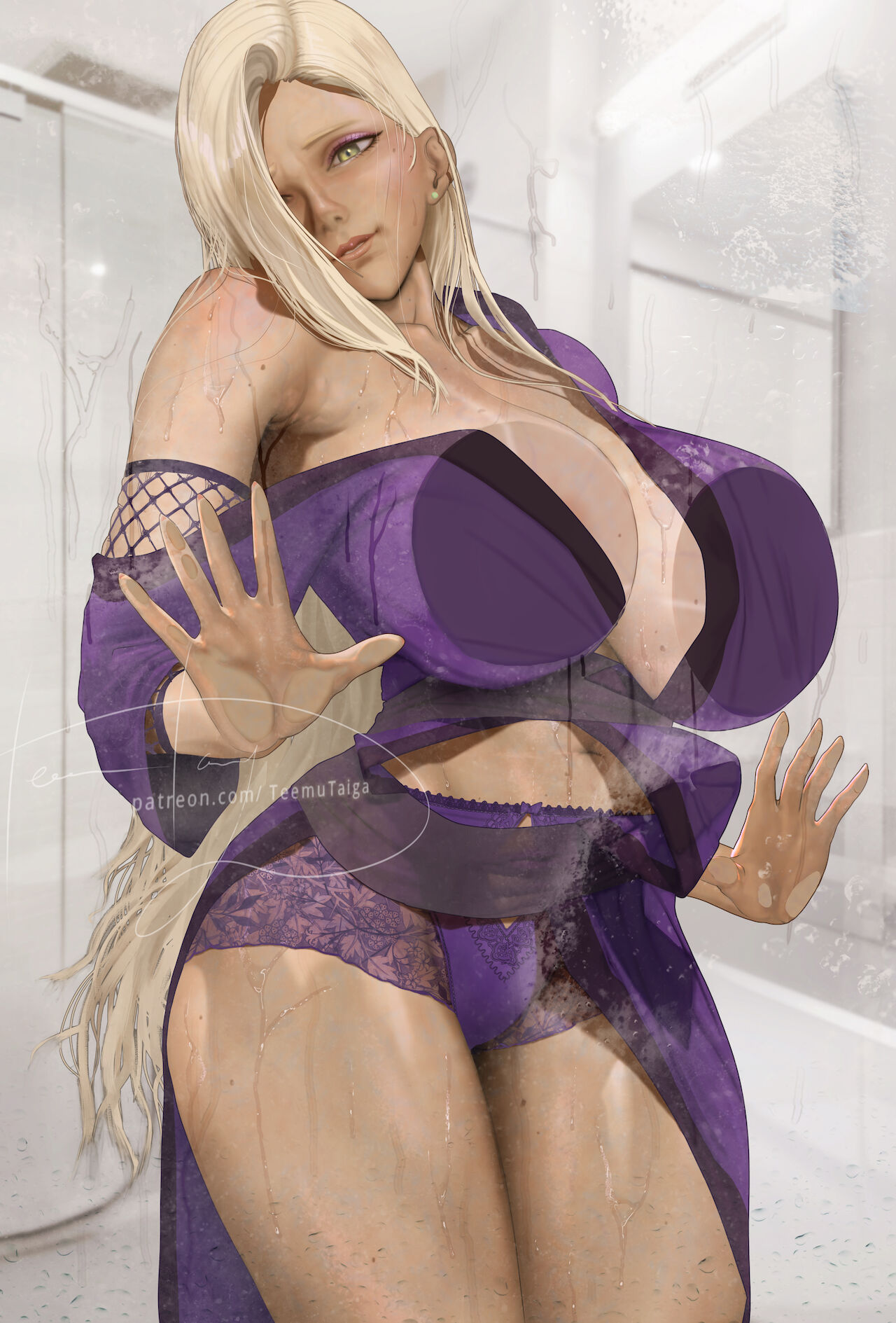1girls, against glass, alternate breast size, alternate eye color, armpits, bare legs, big breasts, boruto: naruto next generations, breast press, breasts, clothed, female, fishnets, green eyes, hair over one eye, highres, huge breasts, ino yamanaka, lipstick, long hair, makeup, naruto, naruto (series), off shoulder, paipan, parted lips, pink lips, smile, solo, solo female, tanned, tanned skin, teemu taiga, very long hair, wide hips