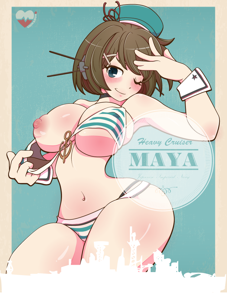 blue_eyes blush brown_hair cinnamon6 cuffs english_text exhibitionism female hairclip hat huge_breasts kantai_collection maya_(kantai_collection) one_breast_out short_hair smile solo striped_bikini wide_hips wink