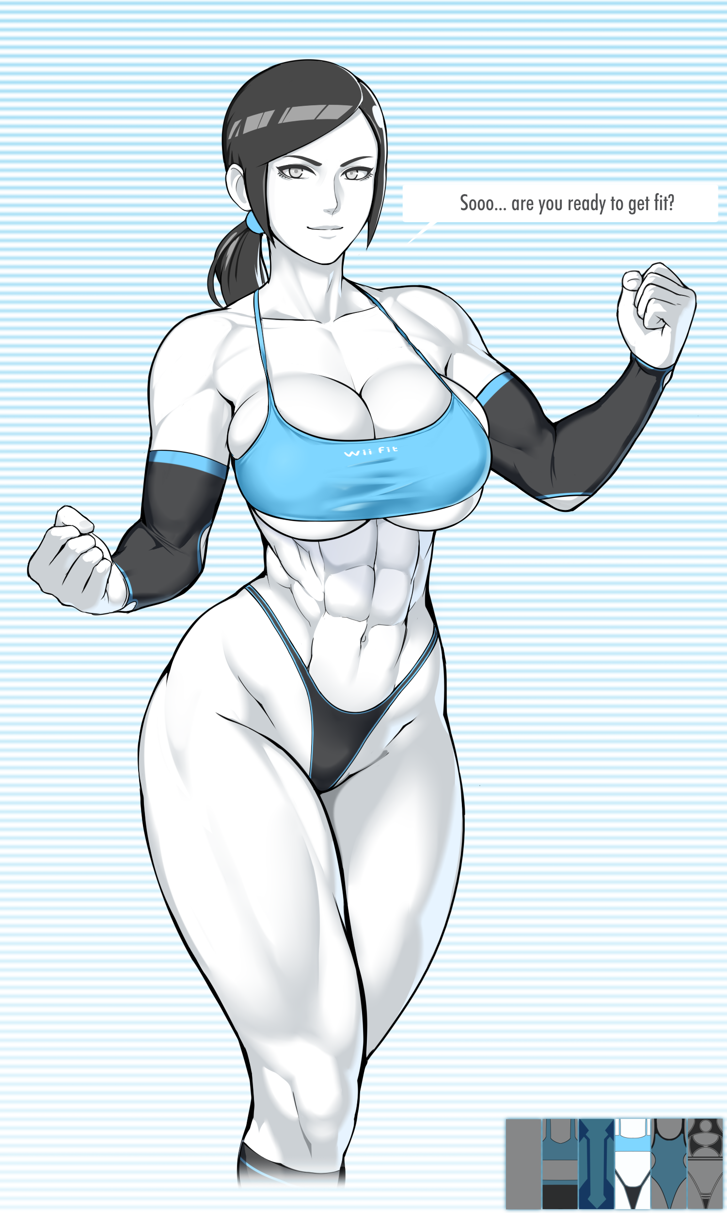 1girls, alternate version available, big breasts, bikini, bikini bottom, bikini top, black hair, blush, breasts, cleavage, deep cleavage, detached sleeves, dialogue, english text, female, female only, fit, fit female, full cleavage, gloves, grey eyes, gym clothes, highleg, huge breasts, muscular, muscular female, nintendo, nisetanaka, nisetanaqa, pale skin, ponytail, sideboob, skimpy, solo, sports bra, sportswear, tagme, text, thick thighs, thighs, thong, underboob, white skin, wii fit, wii fit trainer, wii fit trainer (female)
