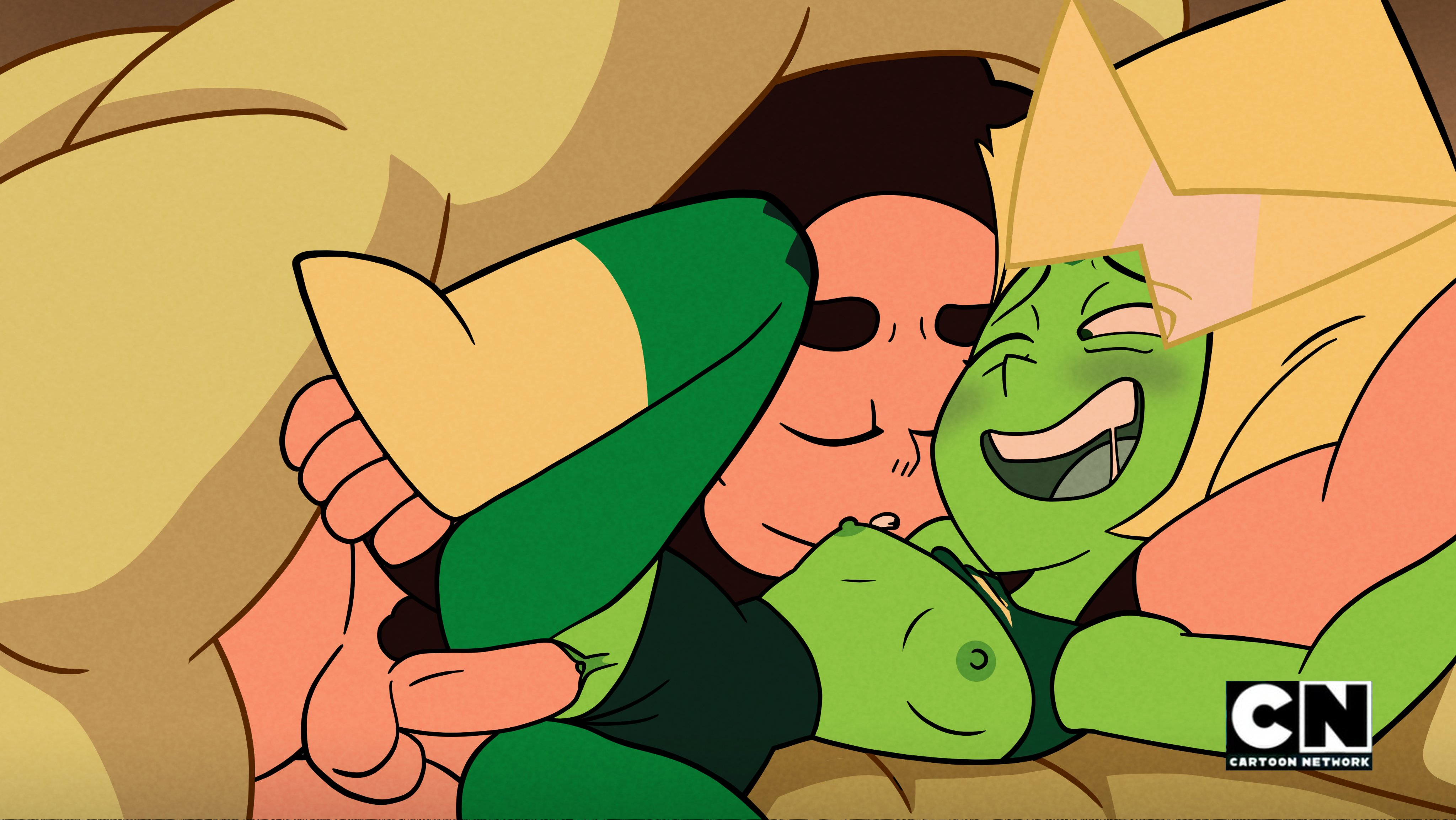 1boy, 1girls, accurate art style, black hair, blonde hair, blush, blushing, boots, breasts, curly hair, dick, drooling, drpizzaboi1, erection, female, green skin, in dreams (steven universe future), male, on model, one eye closed, open mouth, penis, peridot (steven universe), pussy, shirt lift, shirt pull, shirt up, small breasts, steven quartz universe, steven universe, style parody, sunglasses, unitard, vaginal penetration, visor