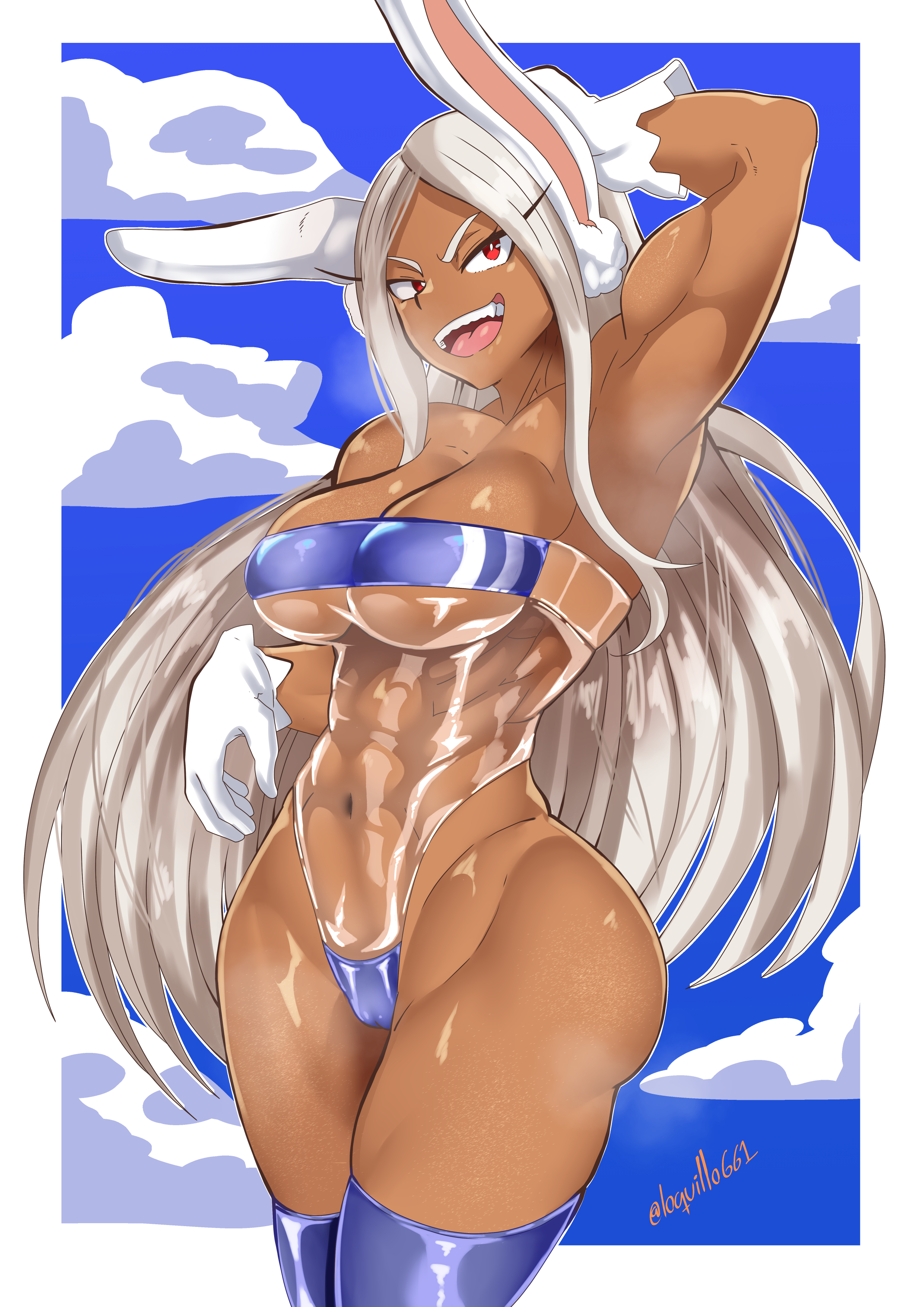 1girls, abs, animal ears, big breasts, boku no hero academia, breasts, bunny ears, clothed, clothing, dark skin, dark-skinned female, female, gris swimsuit, long hair, loquillo, miruko, muscles, my hero academia, red eyes, rumi usagiyama, thick thighs, transparent clothing, white hair, white-haired female, wide hips
