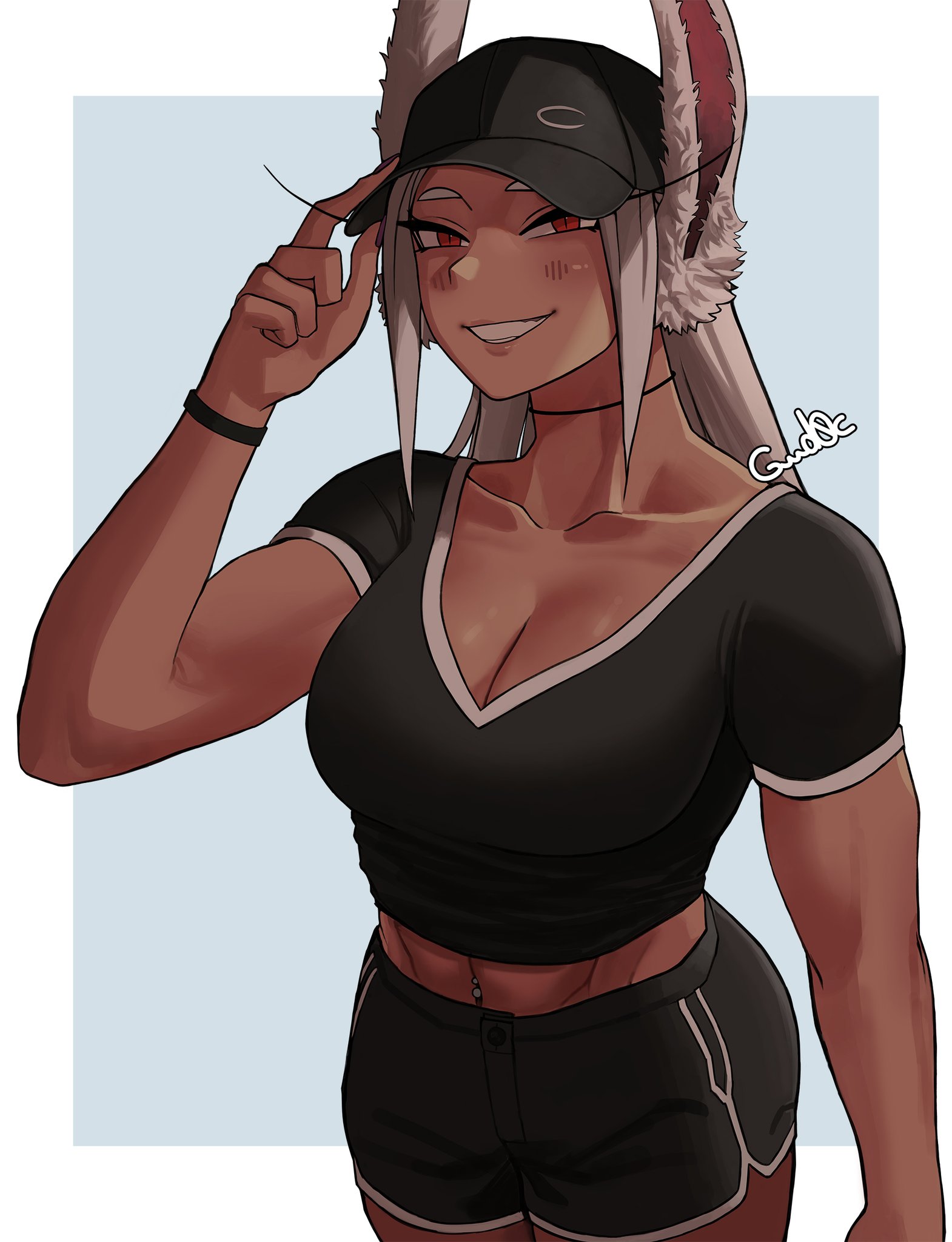 1girls, baseball cap, breasts, bunny girl, dark skin, dark-skinned female, female, fully clothed, gud0c, looking at viewer, miruko, my hero academia, rumi usagiyama, smiling at viewer, solo, thighs, white hair, white-haired female