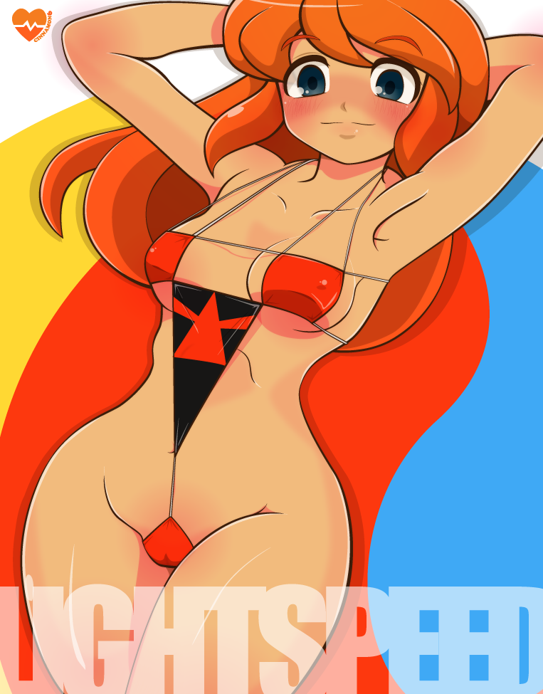 aged_up arms_up bikini blue_eyes cameltoe character_name cinnamon6 eyebrows_visible_through_hair female julie_power lightspeed long_hair marvel medium_breasts orange_hair power_pack solo very_long_hair wide_hips