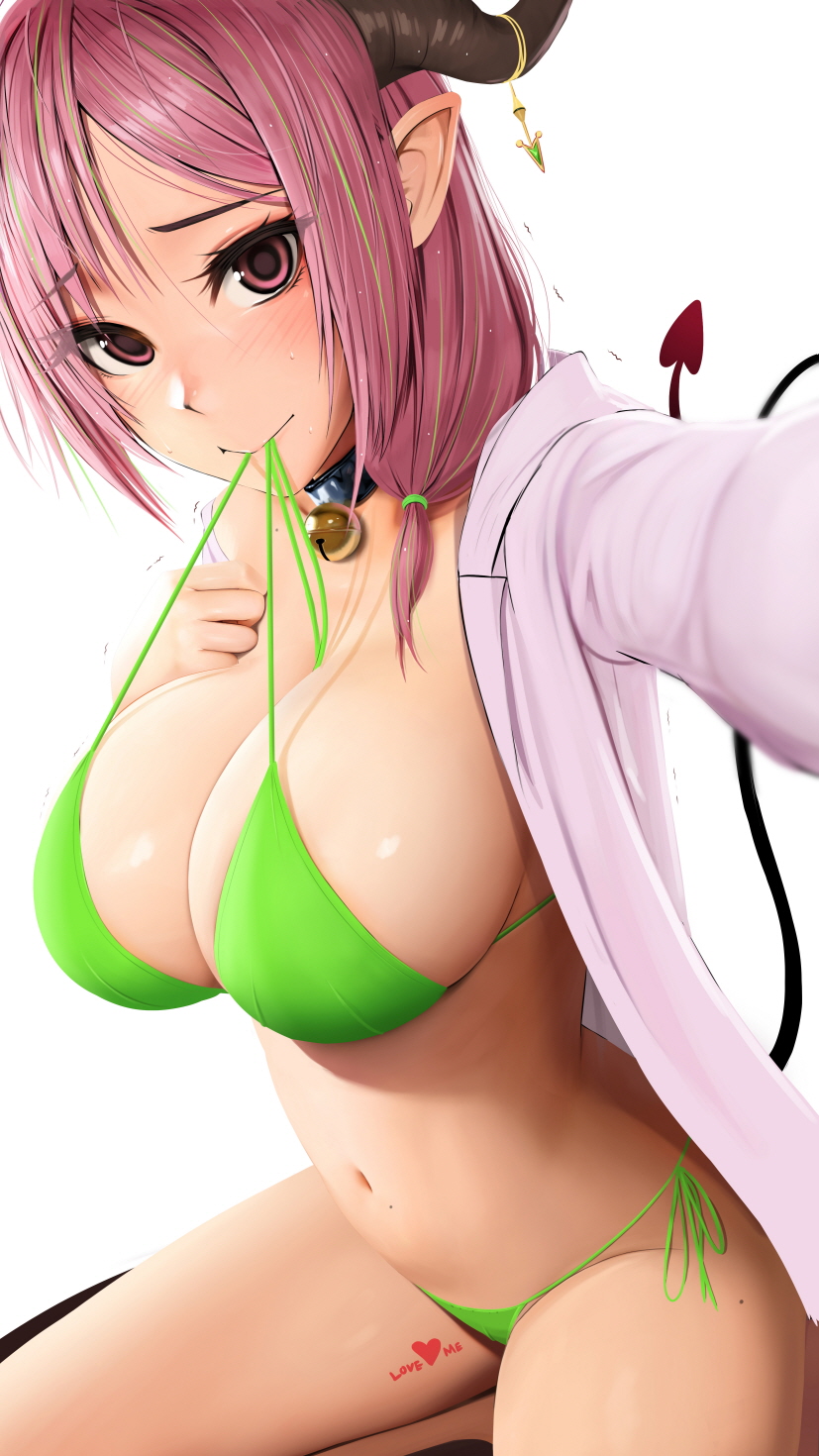 1girls, 2022, bell choker, bikini, bikini top in mouth, body writing, breasts, character request, choker, copyright request, female, female only, green bikini, hips, horns, huge breasts, long ears, long hair, pink eyes, pink hair, pointy ears, rak (kuraga), selfie, side-tie bikini, simple background, slim waist, tail, thick thighs, thighs, white background, wide hips