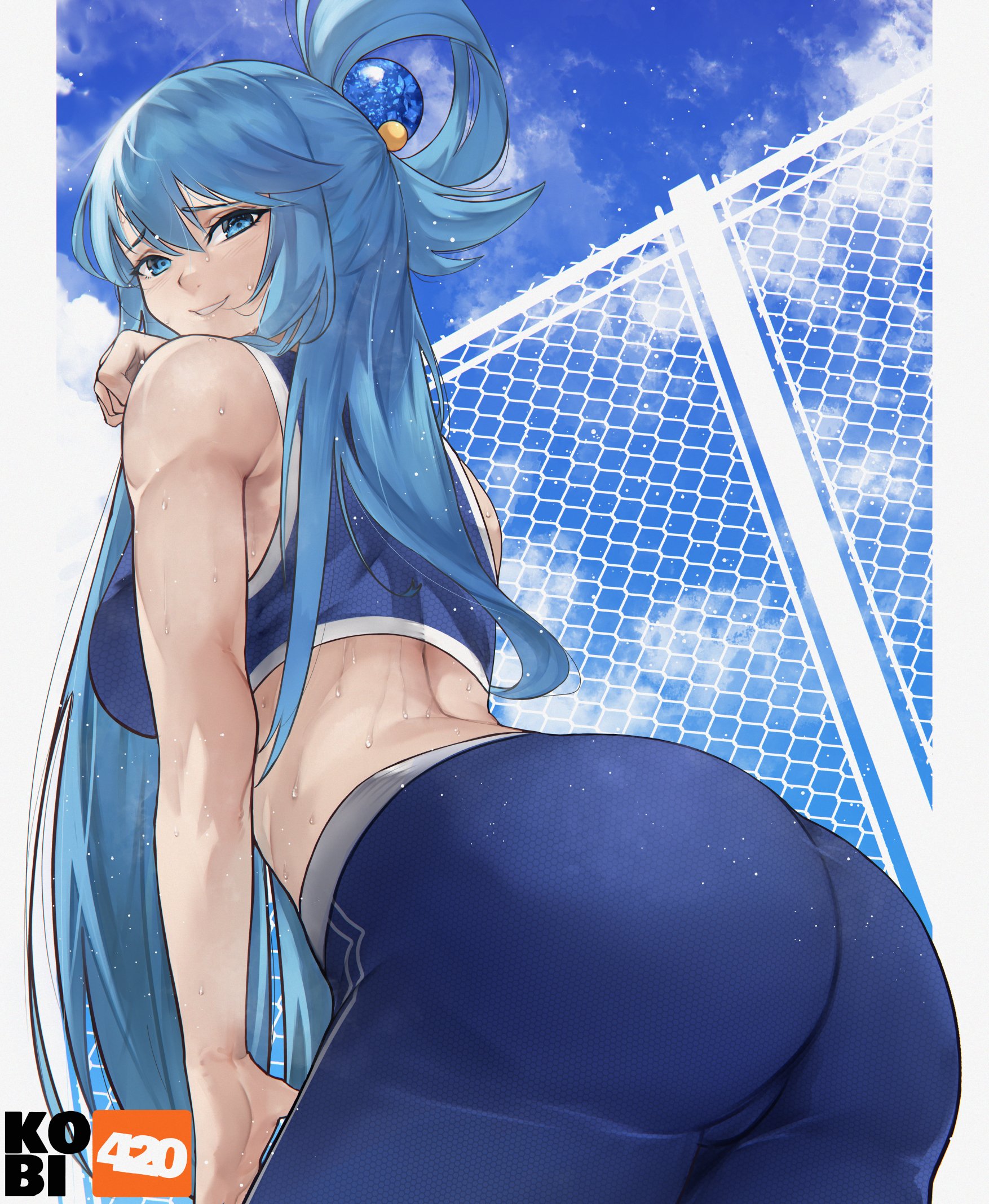 1girls, 2022, aqua (konosuba), artist name, ass, ass focus, back, bangs, bare shoulders, big ass, blue eyes, blue hair, blue pants, breasts, cloud, cloudy sky, eyebrows visible through hair, eyelashes, female, fence, from behind, hair ornament, highres, kobi420, kono subarashii sekai ni shukufuku wo!, long hair, looking at viewer, pants, ponytail, sideboob, sky, smile, solo, sports bra, sportswear, sweat, sweatdrop, tight, tight pants, very long hair, white skin, yoga pants