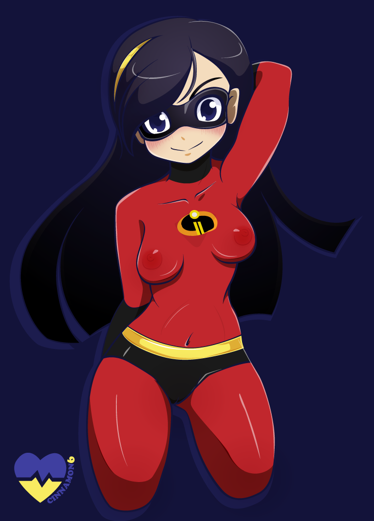 black_hair blue_eyes bodysuit cinnamon6 disney domino_mask female fully_clothed headband long_hair medium_breasts navel nipple_bulge no_bra pixar pokies see-through smile solo straight_hair the_incredibles violet_parr