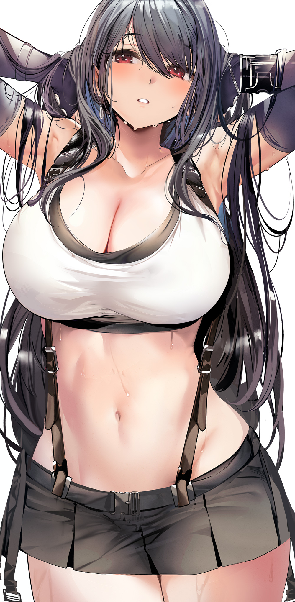 1girls, 2022, armpits, arms behind head, arms up, belly button, belted skirt, black hair, blush, breasts, cleavage, clothed, clothed female, disinterested, emotionless, emotionless female, female, female only, final fantasy, final fantasy vii, final fantasy vii remake, hips, huge breasts, long hair, marushin (denwa0214), midriff, red eyes, short skirt, simple background, skirt, slim waist, sports bra, square enix, suspenders, tank top, thick thighs, thighs, tifa lockhart, tomboy, unbothered, uncaring, unenthusiastic, wet, wet body, white background, wide hips