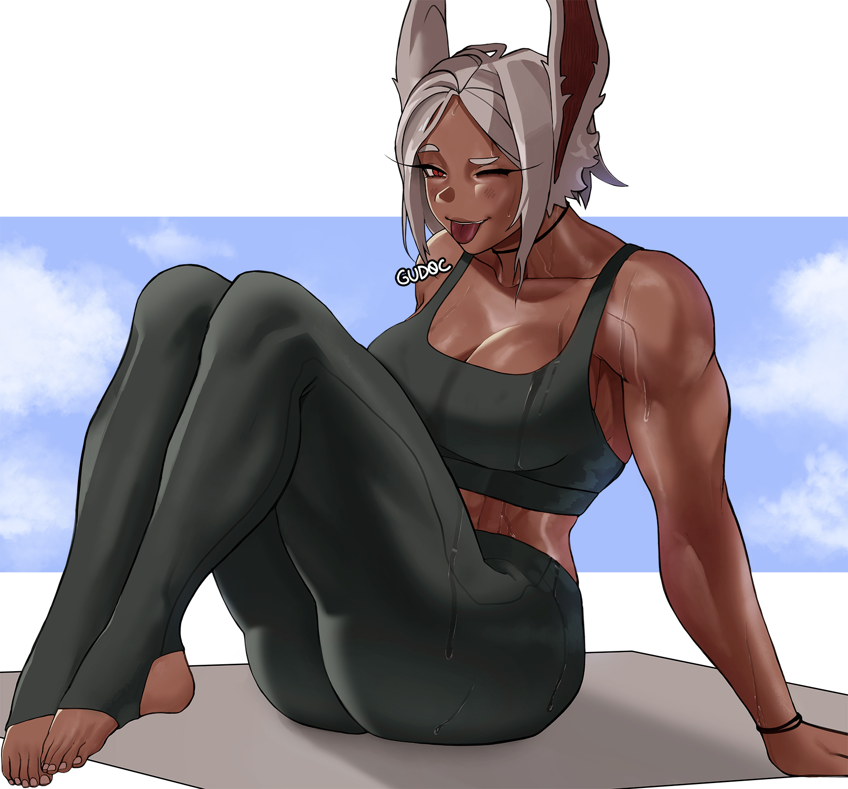 1girls, breasts, bunny girl, dark skin, dark-skinned female, female, fully clothed, gud0c, miruko, my hero academia, one eye closed, rumi usagiyama, solo, sportswear, sweat, thighs, tongue, tongue out, white hair, white-haired female, winking at viewer, yoga pants