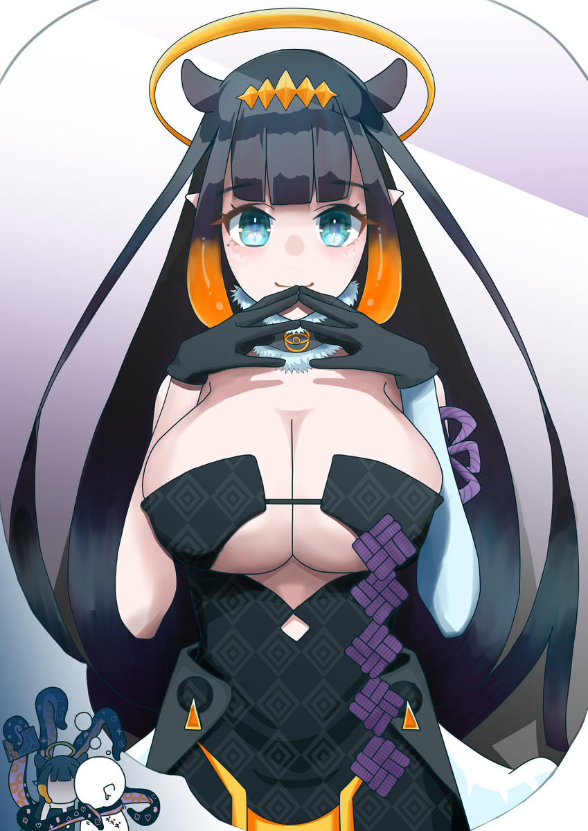 1girls, alternate breast size, angel wings, armwear, artist request, big breasts, black gloves, black hair, blue eyes, blush, blushing at viewer, book, breasts, choker, choking, death, detached sleeves, diadem, dress, eyebrows visible through hair, female, female focus, female only, gloves, halo, highres, hololive, hololive english, imagination, imagining, imminent death, large breasts, light skin, light-skinned female, long hair, looking at viewer, low wings, massive breasts, mole, mole under eye, multicolored hair, ninomae ina'nis, orange hair, pale skin, pale-skinned female, pointy ears, tentacle, tiara, very long hair, virtual youtuber, voluptuous, wings