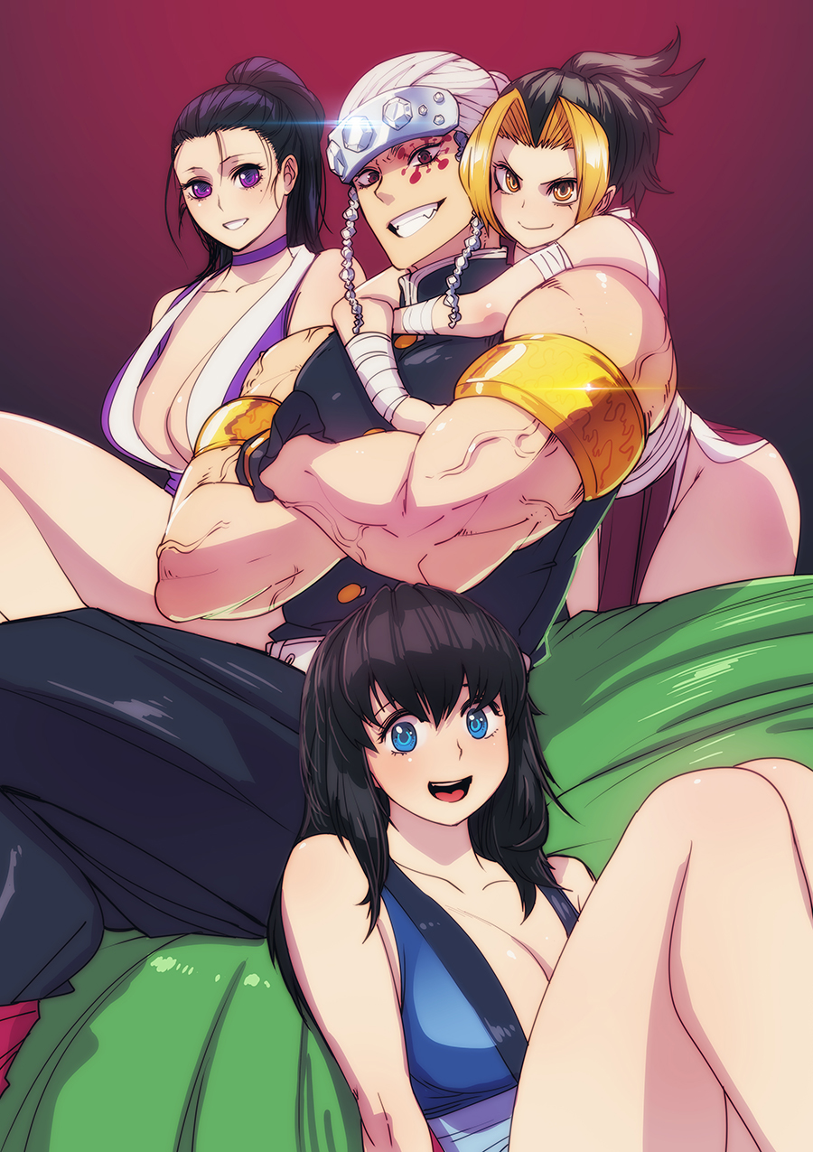 1boy 3girls armband armbands armlet biceps black_hair blonde_hair blue_eyes breasts busty butcherboy canon_couple choker cleavage clenched_teeth crossed_legs demon_slayer embracing eye_contact facial_mark facing_viewer female gold gold_armbands gold_jewelry grin harem headband headwear hi_res high_resolution highres hinatsuru_(kimetsu_no_yaiba) huge_breasts hugging hugging_from_behind husband husband_and_wife husband_and_wives jewelry kimetsu_no_yaiba kimono legs_crossed looking_at_viewer makio_(kimetsu_no_yaiba) male married_couple matching_hair/eyes military military_uniform mole mole_under_eye multicolored_hair multiple_females multiple_girls muscles muscular muscular_male ninja pelvic_curtain polygamy purple_choker purple_eyes sleeveless smile smiling_at_viewer suma_(kimetsu_no_yaiba) the_wives_(kimetsu_no_yaiba) top_heavy two-tone_hair uniform uzui_tengen veiny_arms veiny_muscles voluptuous wives yellow_eyes