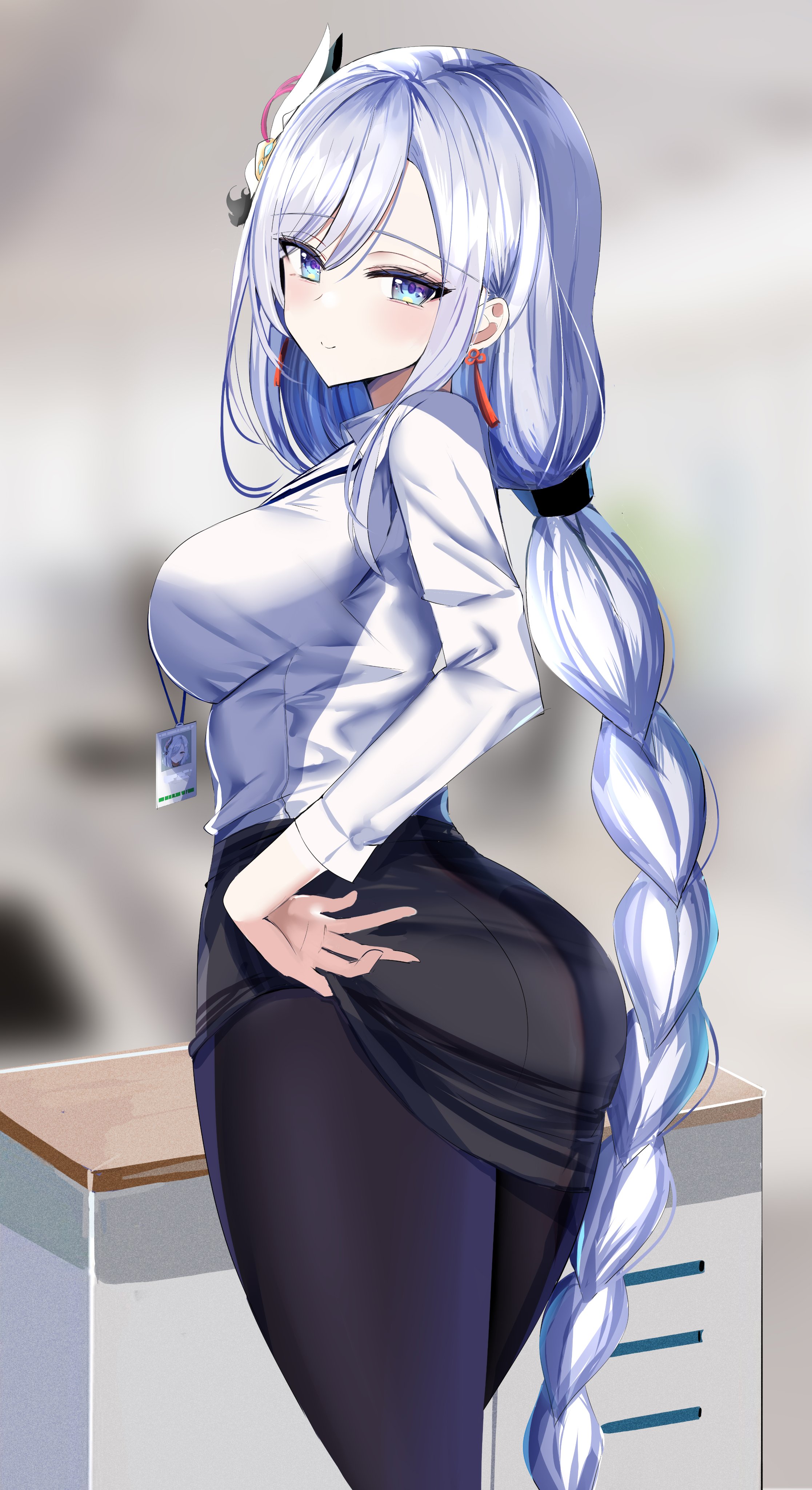 1girls, absurd res, adamant369, arched back, ass, bangs, big ass, big breasts, big butt, black leggings, black legwear, black skirt, blue eyes, blush, braid, braided hair, breasts, desk, detailed background, earrings, female, genshin impact, hair ornament, hair over one eye, hairband, hanasaka houcha, hi res, highres, hips, huge ass, huge breasts, huge butt, lanyard, large ass, large breasts, leggings, long hair, looking at viewer, looking back, name tag, office, office lady, shenhe (genshin impact), shirt, skirt, skirt lift, skirt pull, skirt up, slim waist, small waist, smile, solo, thick, thick ass, thick thighs, thighs, tight clothing, waist, white hair, white shirt, wide hips