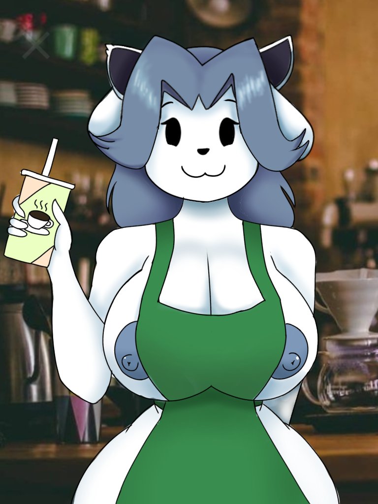 :3, 2d, apron, apron only, arm behind back, artist request, breasts, cat ears, cat girl, coffee, coffee cup, detailed background, dog ears, dog girl, female, female only, furry, iced latte with breast milk, job, meme, meme attire, short hair, silver hair, smile, solo female, starbucks, temmie, temmie (undertale), thick thighs, underboob, undertale, undertale (series), white body, white fur, white skin