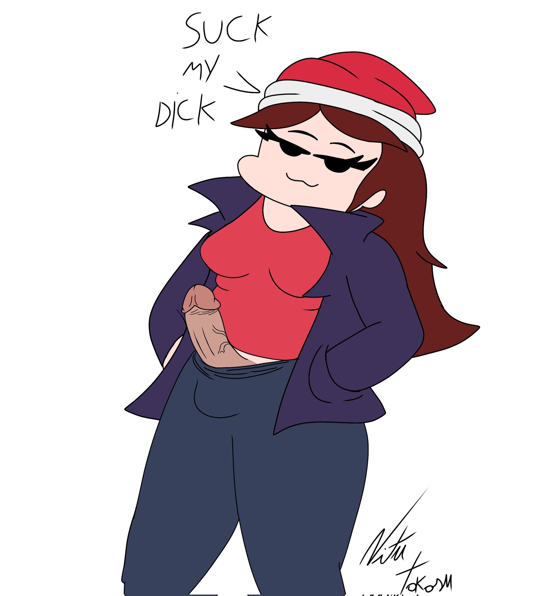 :3, 1futa, big penis, brown hair, canon futa, canon lullaby girlfriend (fnf), clothed, clothing, creepypasta, dialogue, english text, erection, fnf, fnf mod, fnf mods, friday night funkin, friday night funkin lullaby, friday night funkin mod, futa only, futanari, girlfriend (friday night funkin), girlfriend (mods), hypnos lullaby, intersex, light skin, light-skinned futa, long hair, lullaby girlfriend (fnf), mostly clothed, penis, smug, solo, standing, trans woman, transfem, vitu takasu