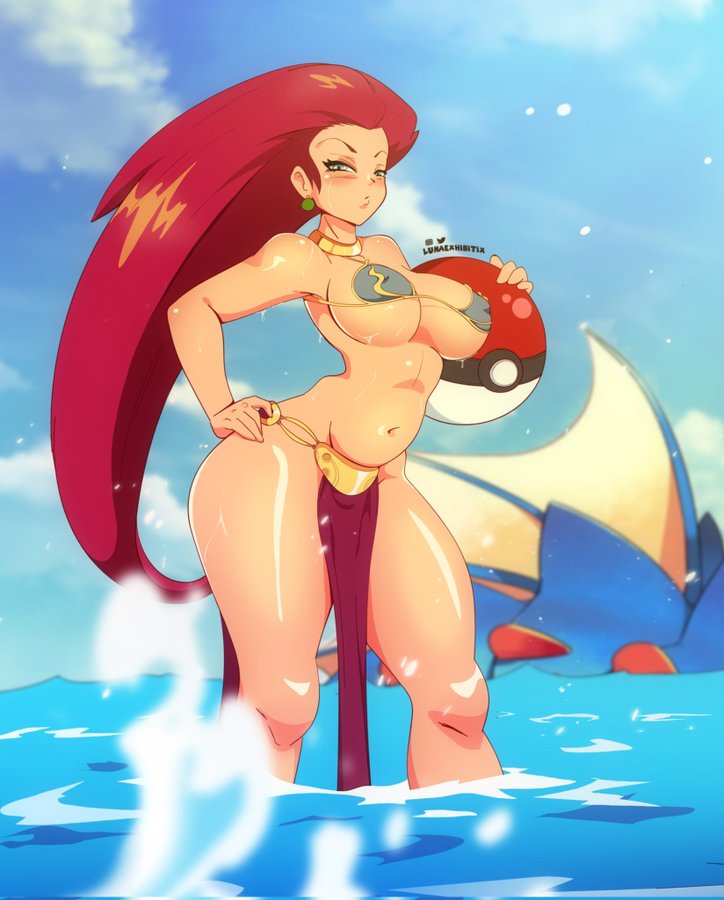 1girls, alternate breast size, artist name, athletic, athletic female, belly dancer, belly dancer outfit, big breasts, breasts, busty, cleavage, cosplay, crossover, curvy, dancer, dancer outfit, eyebrows, eyelashes, eyes, female, hair, harem girl, harem outfit, hips, hourglass figure, jessie (pokemon), large breasts, legs, lips, loincloth, long hair, lunaexhabbitix, mature, mature female, nintendo, pokemon, slave, slave bikini, slave collar, slave girl, slave leia (cosplay), slave outfit, star wars, thick, thick legs, thick thighs, thighs, voluptuous, wet, wide hips