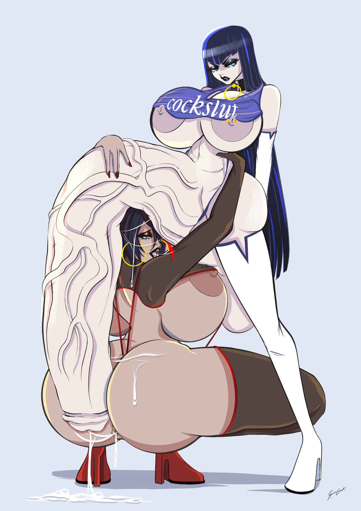 1futa, 1girls, ass, backboob, balls, bent penis, bimbo, bimbo body, bimbo lips, black eyeshadow, black lipstick, black makeup, blue hair, breasts, bursting breasts, busty, clothed, clothing, cock worship, cum, cum on ass, curvy, cyan eyes, duo, ejaculation, elbow gloves, eyeshadow, female, femsub, futa on female, futadom, futanari, gigantic penis, gloves, high heel boots, high heels, hourglass figure, huge ass, huge balls, huge breasts, huge cock, huge penis, huge testicles, human, hyper, hyper penis, incest, intersex, kill la kill, kiryuuin satsuki, large areolae, light skin, light-skinned futa, lipstick, long flaccid penis, long hair, long penis, majorspacegoat, makeup, matoi ryuuko, mostly nude, nail polish, nipple slip, nude, nude futa, pale skin, penis, penis hold, penis hug, red eyeshadow, red nail polish, short hair, siblings, sisters, skimpy, slim waist, squatting, standing, testicles, thick lips, thick penis, thick thighs, thighhighs, tight clothing, veiny penis, very long penis, voluptuous