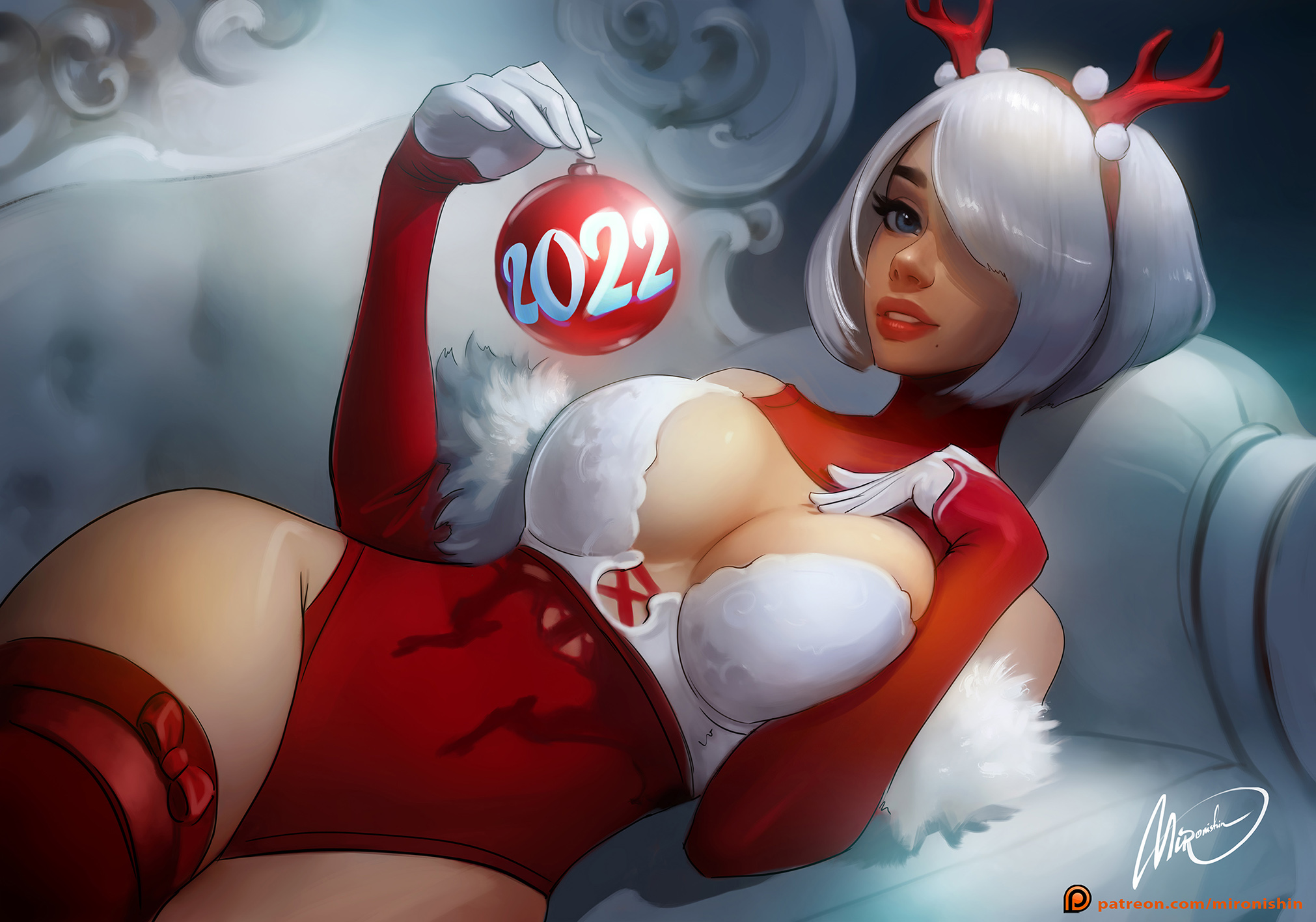 antler headband, blue eyes, breasts, christmas, christmas outfit, cleavage, female, female only, hair over one eye, large breasts, leotard, long gloves, mironishin, nier: automata, short hair, thick thighs, voluptuous, white hair, wide hips, yorha 2b