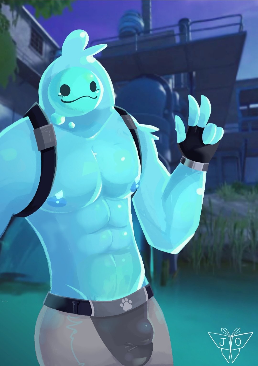 1boy 2021 5_fingers abs black_eyes blue_body blue_nipples bulge clothed clothing epic_games fingerless_gloves fingers fortnite glistening glistening_body gloves goo_creature goo_humanoid handwear highres humanoid jagaimo_oregami male male_only nipples non-human pecs rippley signature slurp_(fortnite) smile solo standing topless video_games