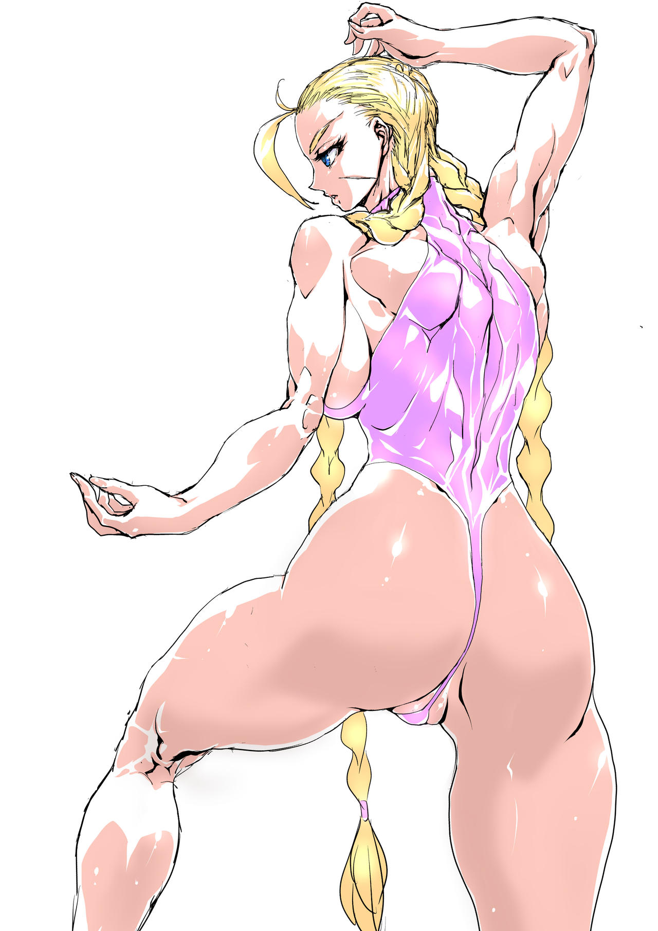 1girls ass blonde_hair blue_eyes braided_twintails bubble_butt cammy_white capcom female_only fit_female large_breasts leotard long_hair muscular muscular_female pink_leotard solo solo_female street_fighter thong_leotard twin_braids yuri-ai