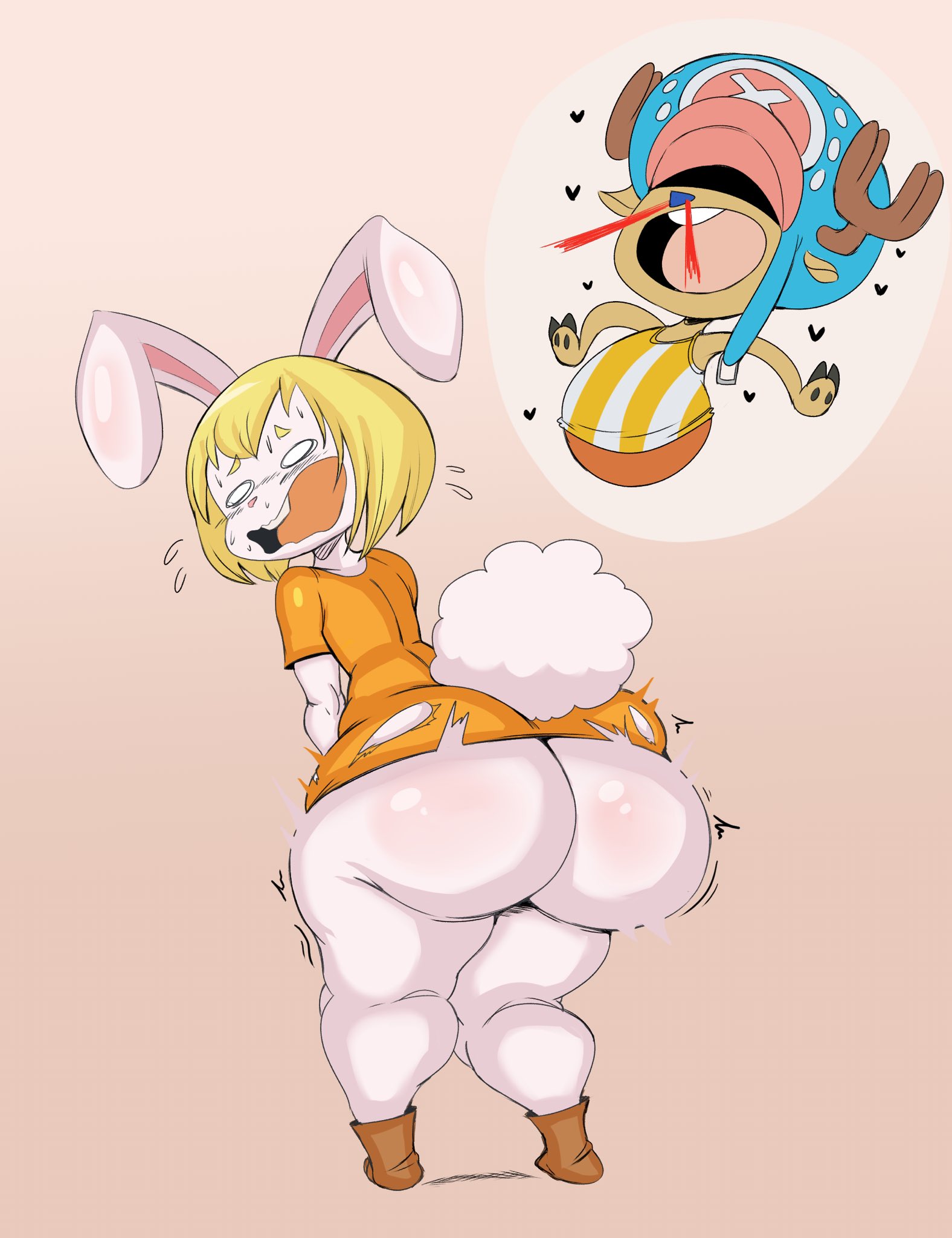 <3, 1boy, 1girls, 2022, absurd res, ass, big ass, big butt, bottomless, carrot (one piece), female, female focus, footwear, fur, furry, furry only, heart, hi res, huge ass, male, one piece, partially clothed, purple yoshi draws, rabbit, shortstack, tail, thick thighs, tony tony chopper, topwear, torn clothes, torn clothing, wardrobe malfunction, wide hips
