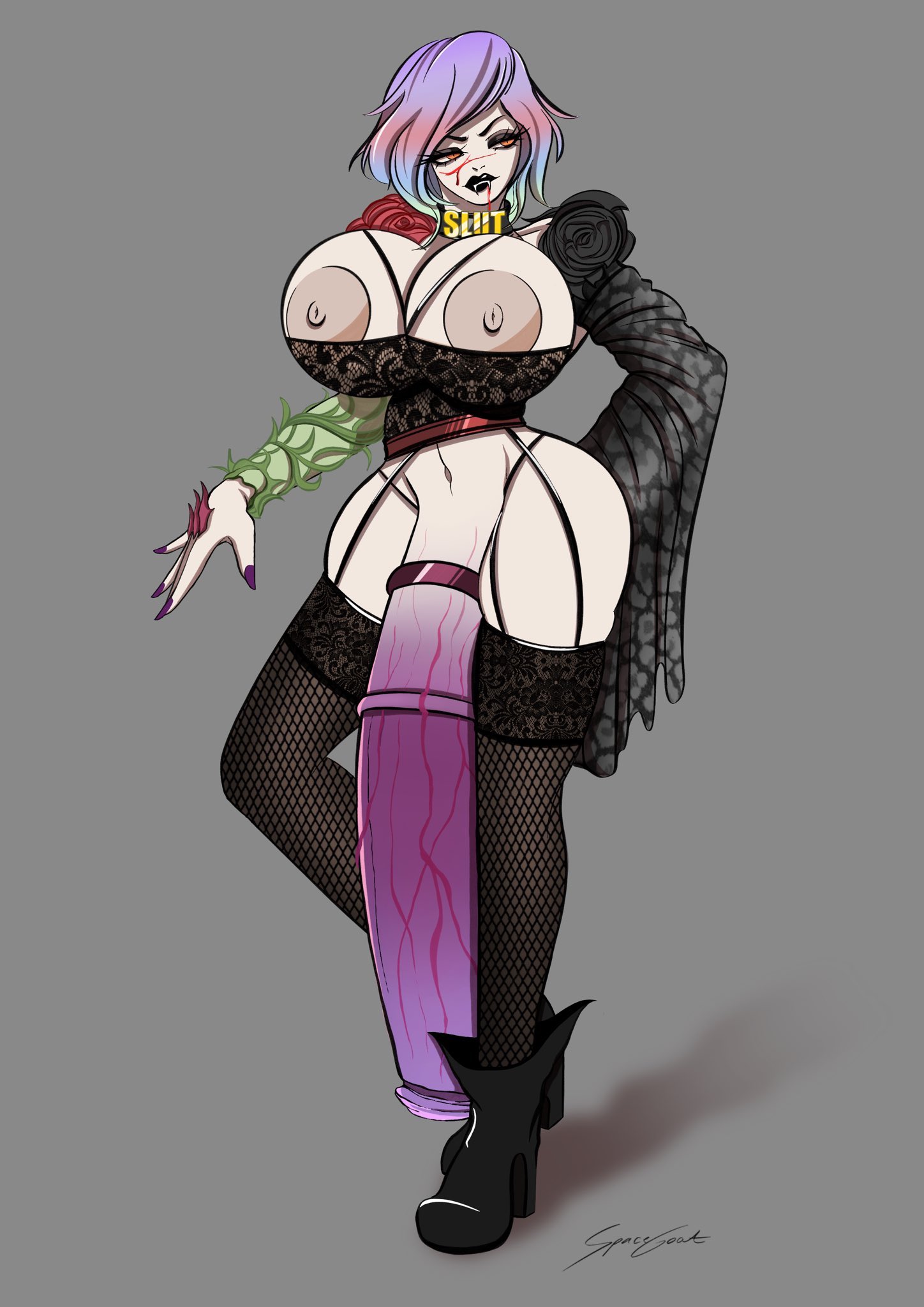 1futa, breasts, bursting breasts, clothed, clothing, cock ring, eyeshadow, futa only, futa vampire, futanari, gigantic penis, horsecock, huge breasts, huge penis, human, human with animal genitalia, human with horsecock, hyper, hyper penis, intersex, large areolae, light skin, light-skinned futa, lipstick, majorspacegoat, makeup, mostly nude, orange hair, pale skin, penis, purple hair, short hair, slut collar, solo, standing, thighhighs, vampire, veiny penis