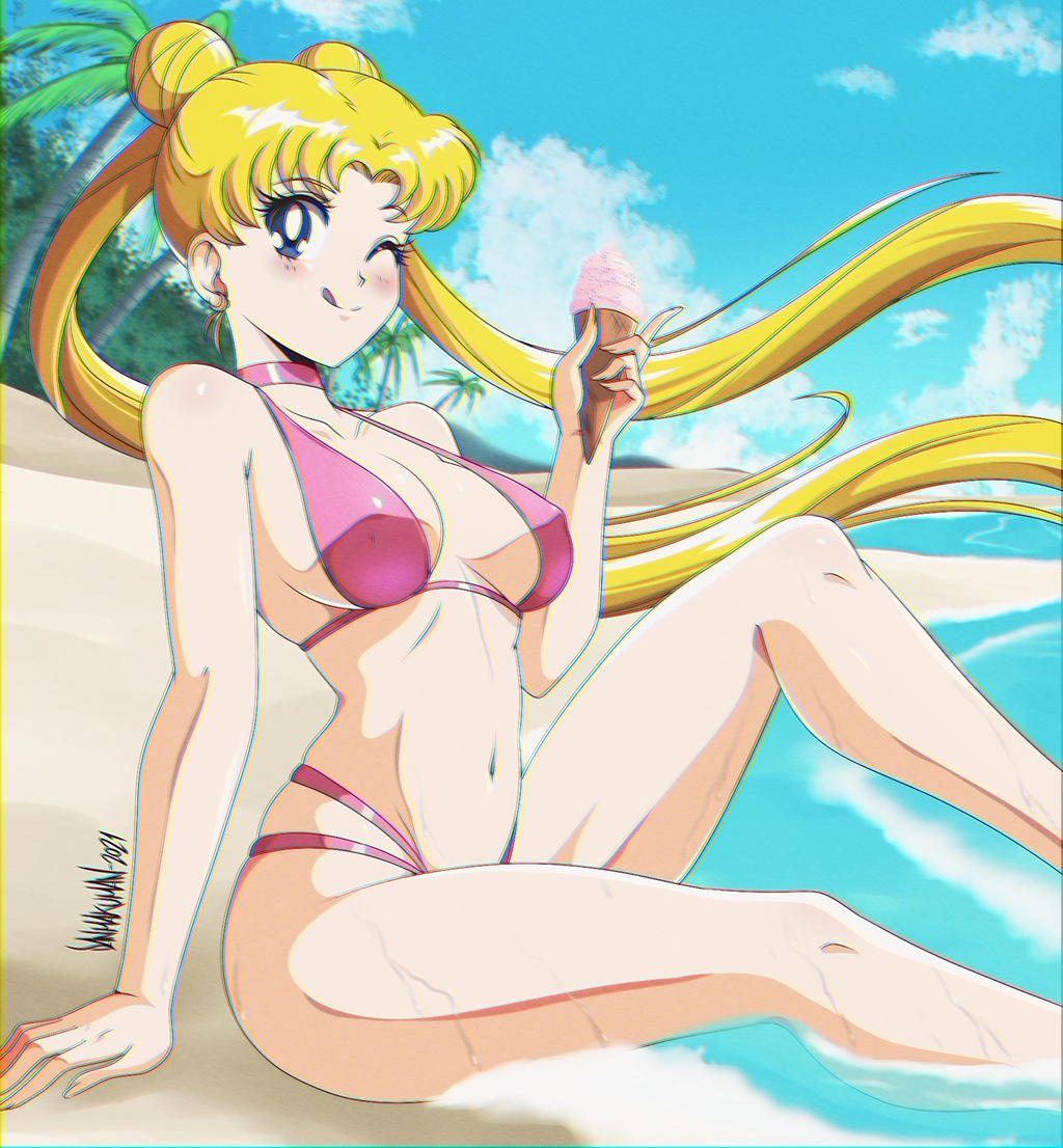 1girls, beach, bikini, bishoujo senshi sailor moon, blonde hair, blue eyes, blush, breasts, danmakuman, female, female only, fit, fit female, ice cream, licking lips, long hair, one eye closed, seaside, small breasts, solo, swimsuit, usagi tsukino, water, wink