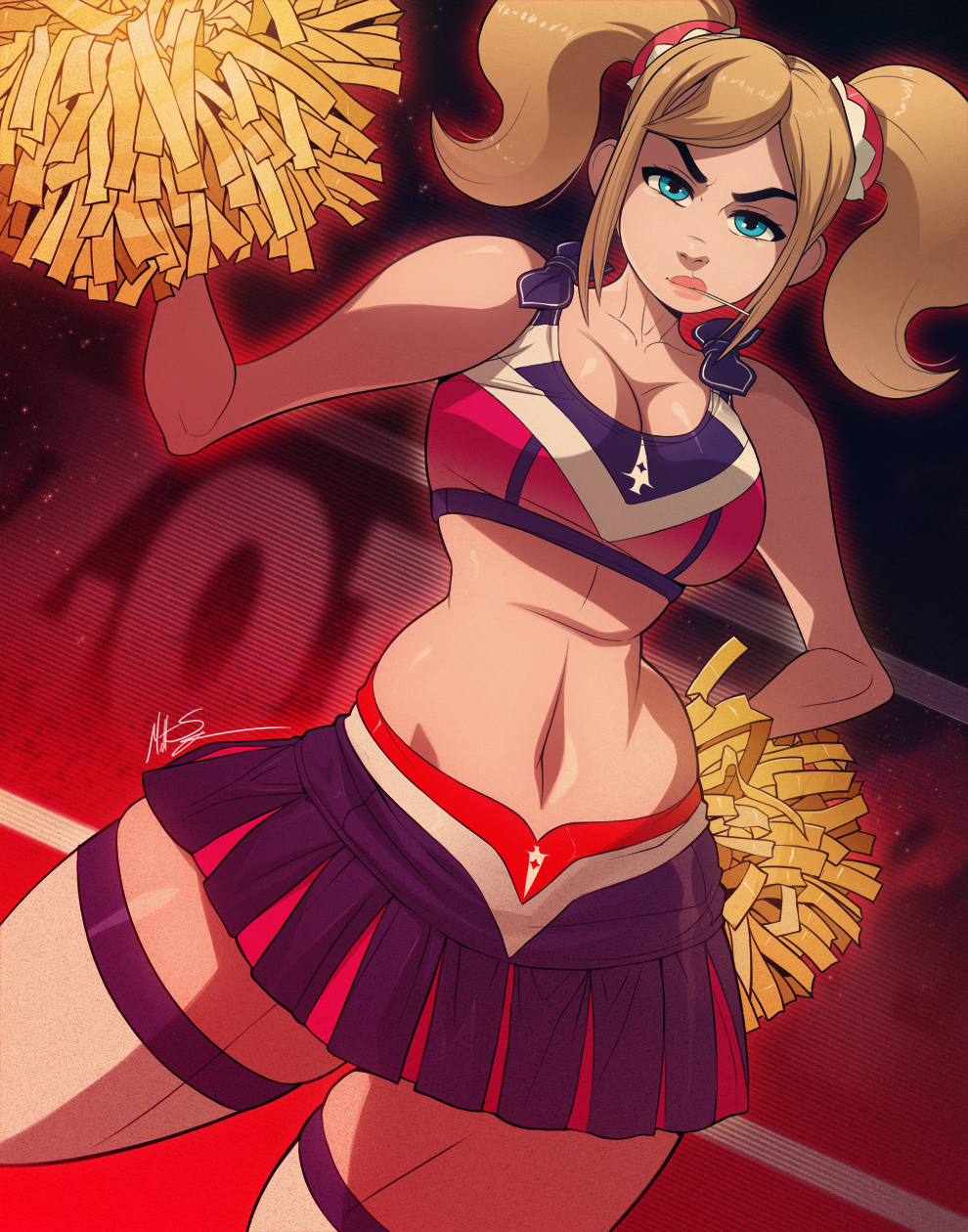 1girls, blonde hair, blue eyes, breasts, cheerleader, cheerleader uniform, cleavage, female, female only, fully clothed, hourglass figure, juliet starling, large breasts, lollipop chainsaw, lollipop in mouth, looking at viewer, miniskirt, msperoni, pom poms, solo, thick thighs, triplexmile, twintails, voluptuous