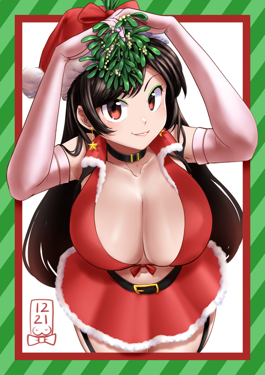 abosomforapillow, breasts, brown eyes, brown hair, christmas, christmas clothing, cleavage, female, female only, huge breasts, inviting, kanojo okarishimasu, long gloves, long hair, mistletoe, mizuhara chizuru, voluptuous