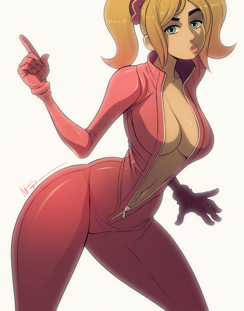 1girls, blonde hair, blue eyes, breasts, catsuit, female, female only, juliet starling, large breasts, lollipop chainsaw, looking at viewer, msperoni, solo, triplexmile, voluptuous, zipper down