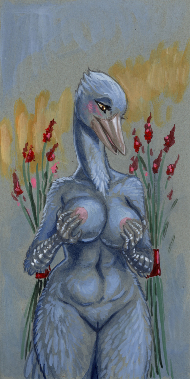 abstract_background anthro avian big_breasts bird blue_crane blush breast_grab breasts cadmiumtea crane_(bird) female flower genitals gruiform grus_(genus) hand_on_breast hi_res looking_away nude painting_(artwork) plant portrait pussy solo three-quarter_portrait traditional_media_(artwork)