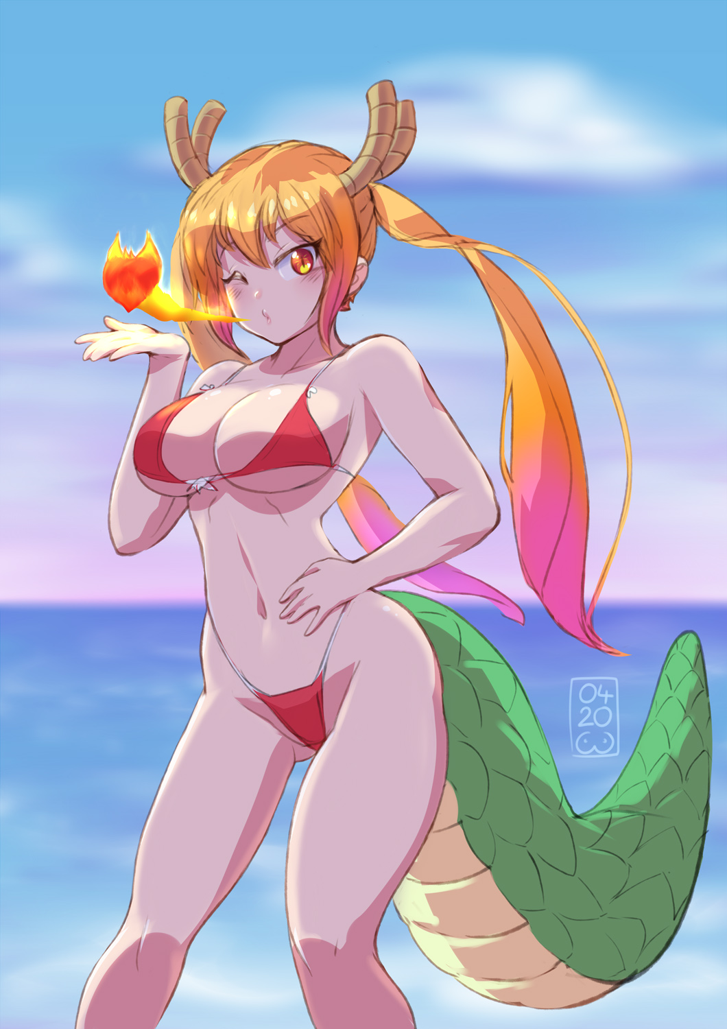 1girls, abosomforapillow, beach, bikini, blonde hair, breasts, breathing fire, cleavage, dragon girl, dragon tail, female, female only, horns, huge breasts, miss kobayashi's dragon maid, multicolored hair, pink hair, seaside, tohru (dragon maid), wink